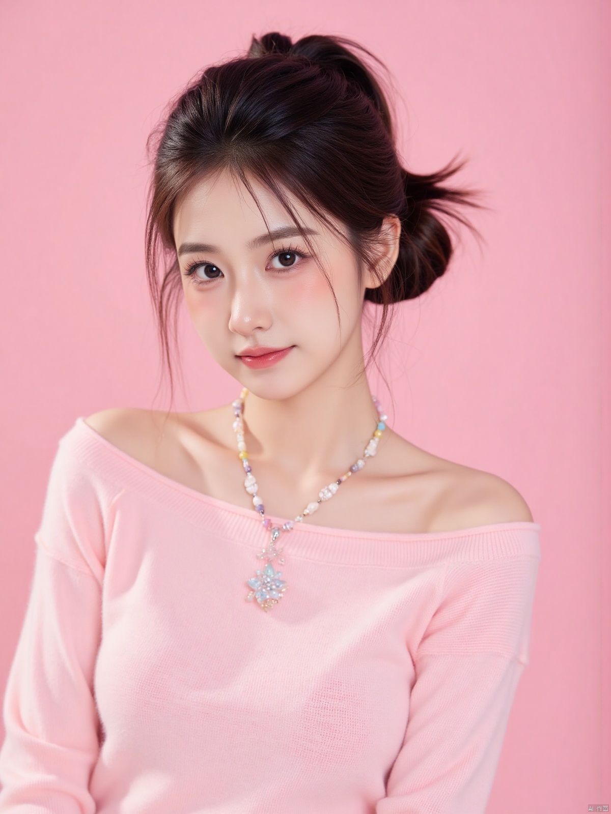 Realistic photo of a sweet dopamine girl in an off-shoulder sweater, upper body, light pink background,