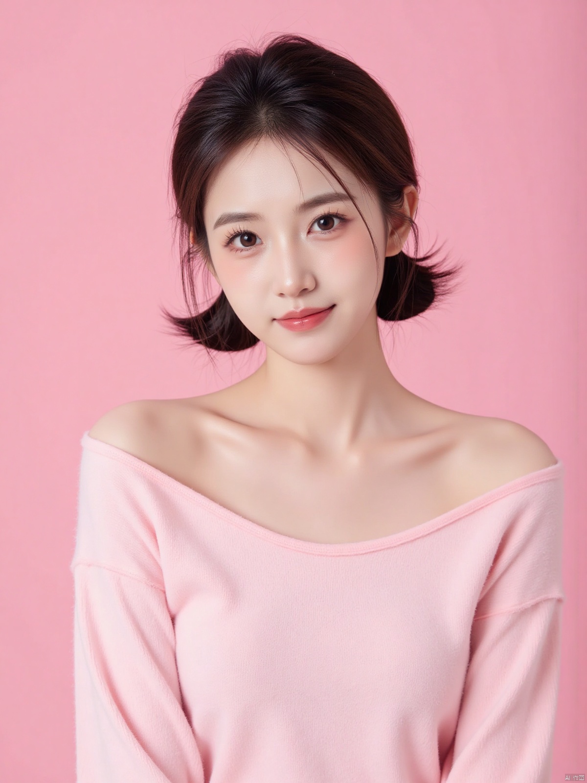 Realistic photo of a sweet dopamine girl in an off-shoulder sweater, upper body, light pink background,