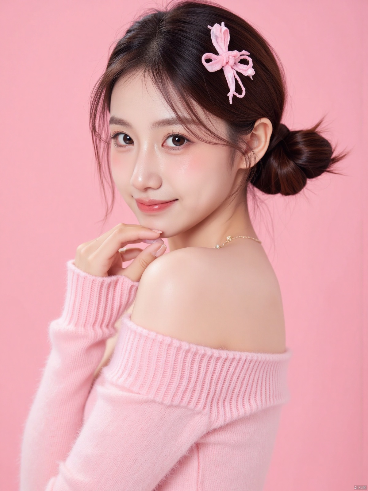 Realistic photo of a sweet dopamine girl in an off-shoulder sweater, upper body, light pink background,