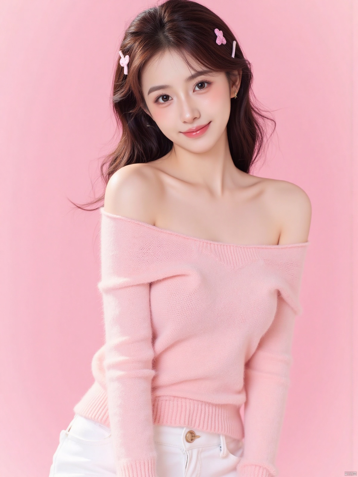 Realistic photo of a sweet dopamine girl in an off-shoulder sweater, upper body, light pink background,