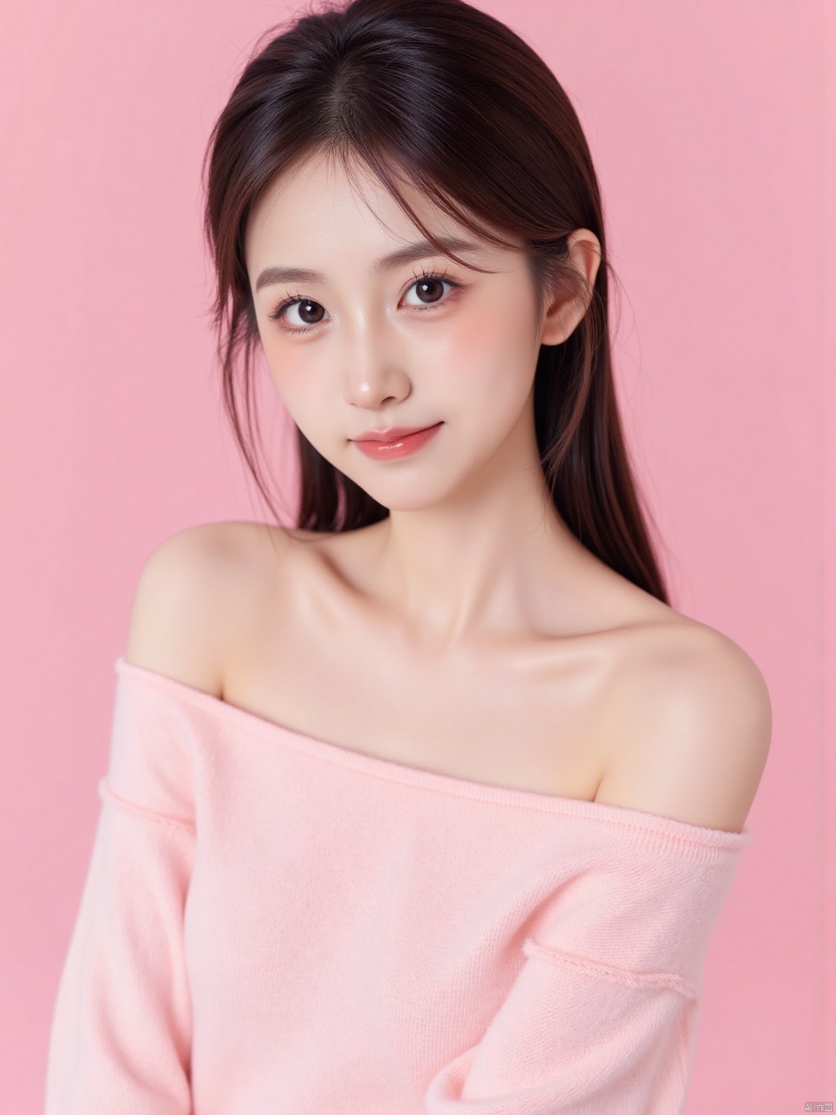 Realistic photo of a sweet dopamine girl in an off-shoulder sweater, upper body, light pink background,