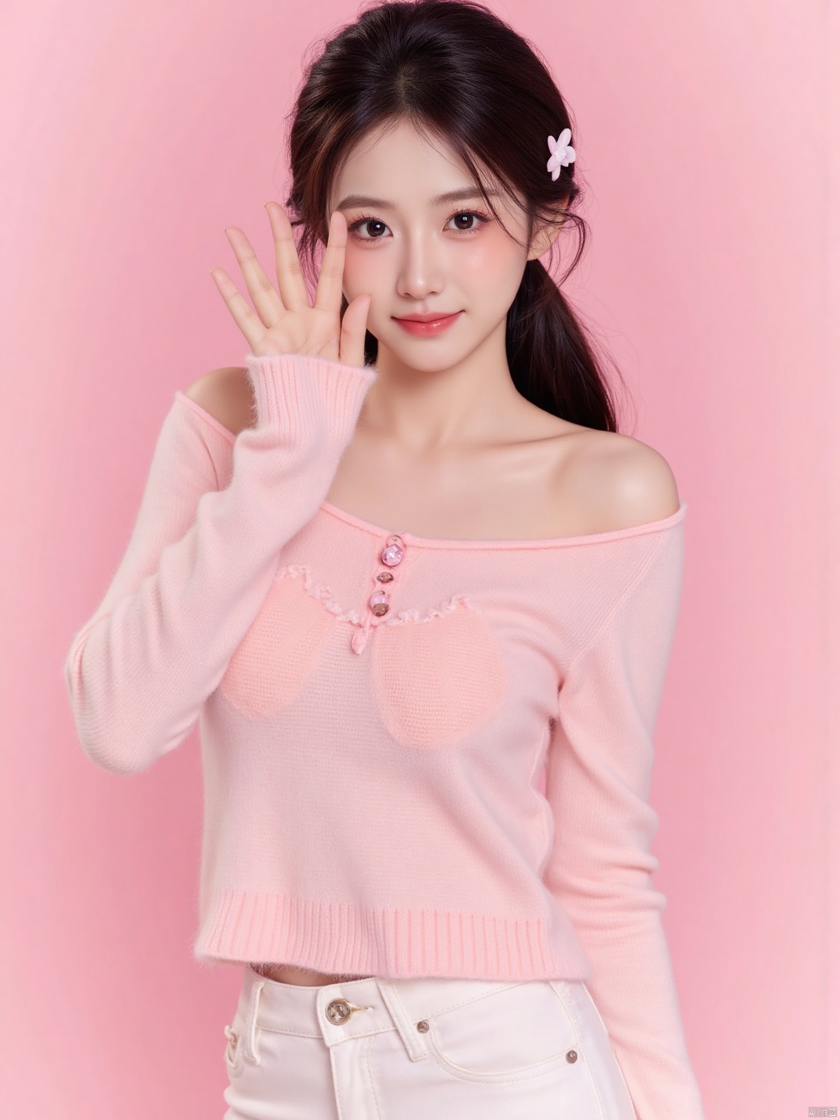 Realistic photo of a sweet dopamine girl in an off-shoulder sweater, upper body, light pink background,