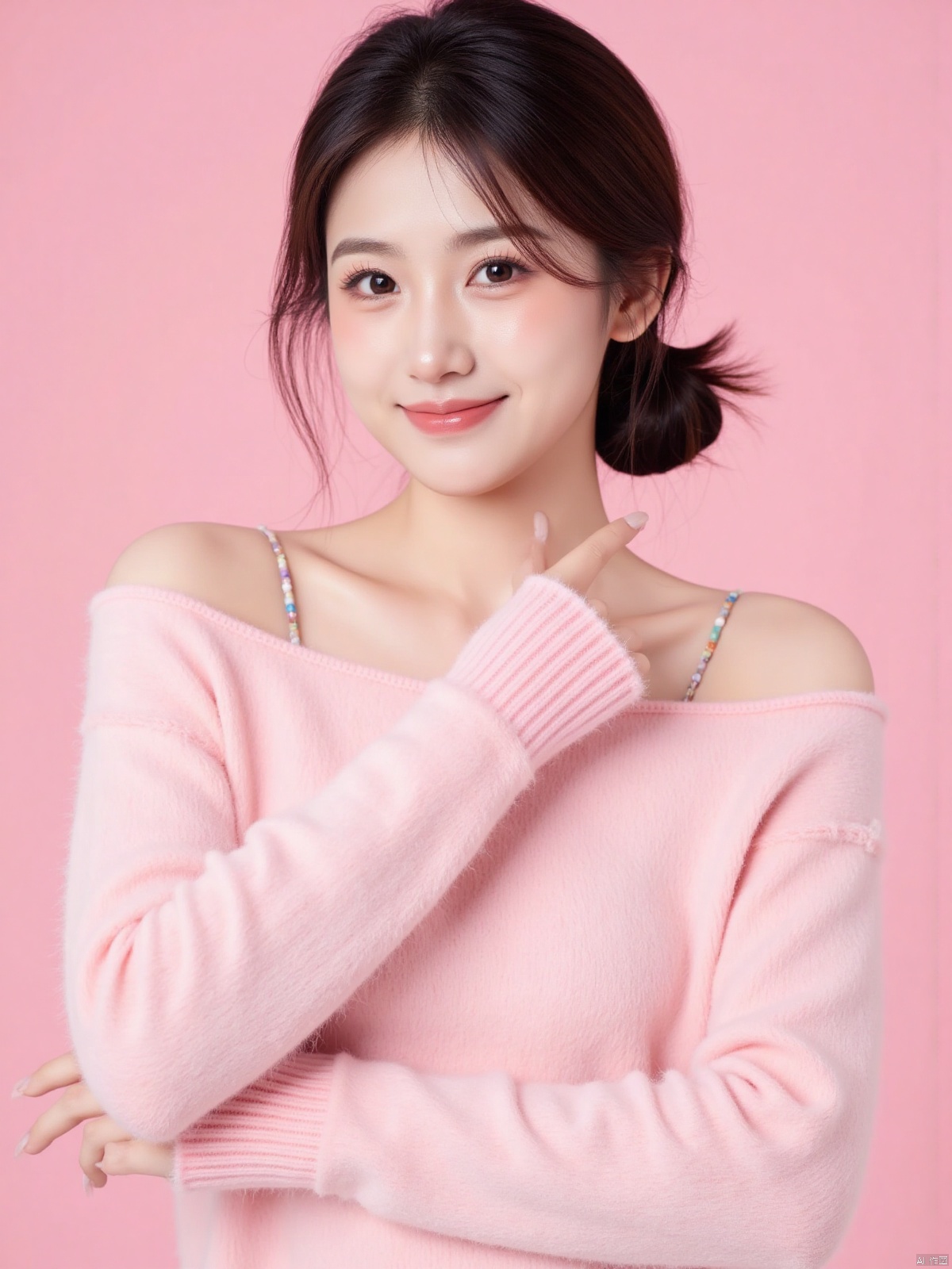 Realistic photo of a sweet dopamine girl in an off-shoulder sweater, upper body, light pink background,