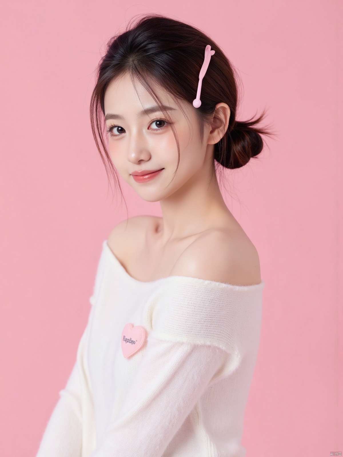Realistic photo of a sweet dopamine girl in an off-shoulder sweater, upper body, light pink background,