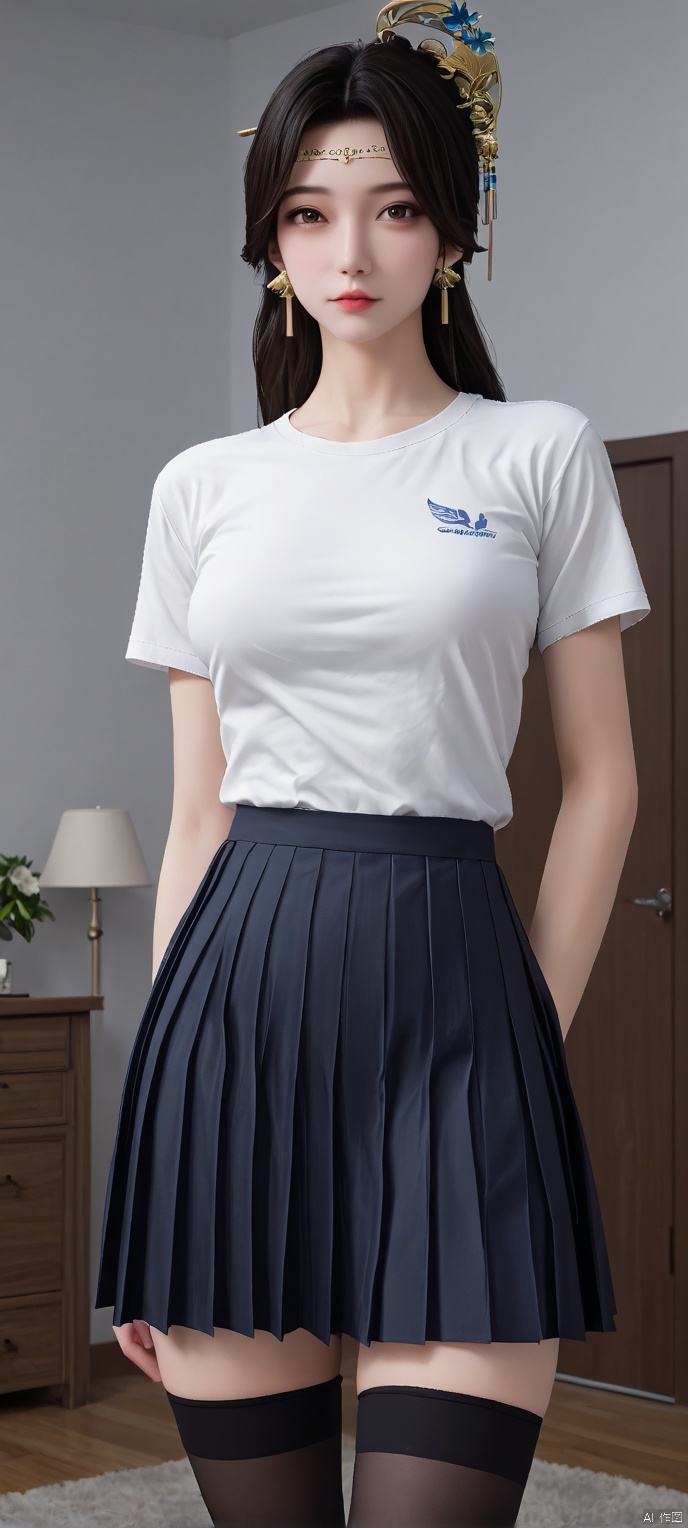 (high definition, Best quality, masterpiece, 4K, exquisite skin), 1girl, solo, breasts, looking at viewer, in room, turn round, White T-shirt, pleated skirt, black thighhighs