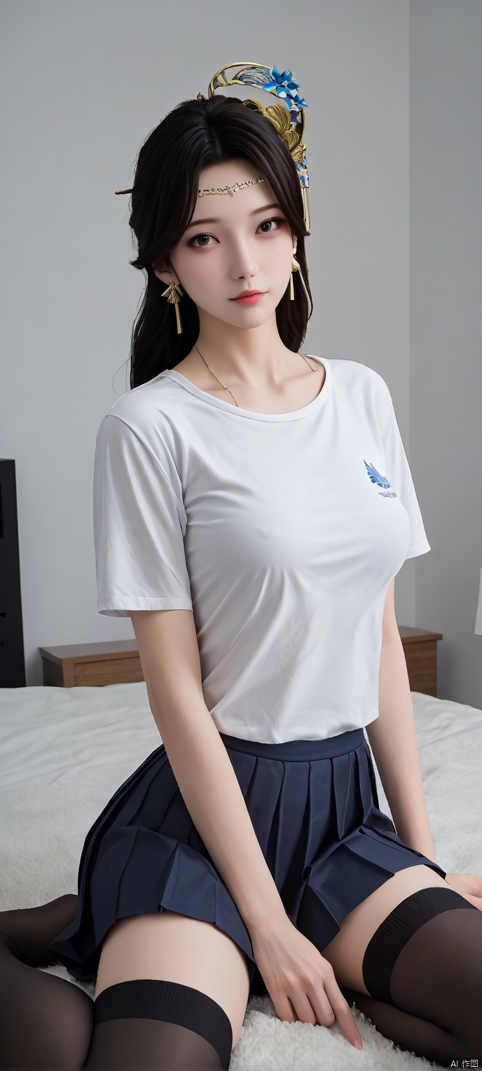 (high definition, Best quality, masterpiece, 4K, exquisite skin), 1girl, solo, breasts, looking at viewer, in room, turn round, White T-shirt, pleated skirt, black thighhighs, sitting
