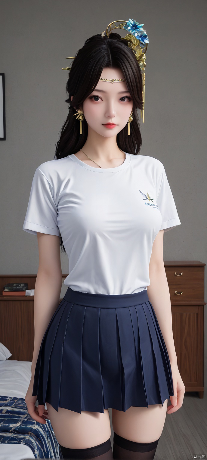 (high definition, Best quality, masterpiece, 4K, exquisite skin), 1girl, solo, breasts, looking at viewer, room, White T-shirt, pleated skirt, black thighhighs, zettai ryouiki,