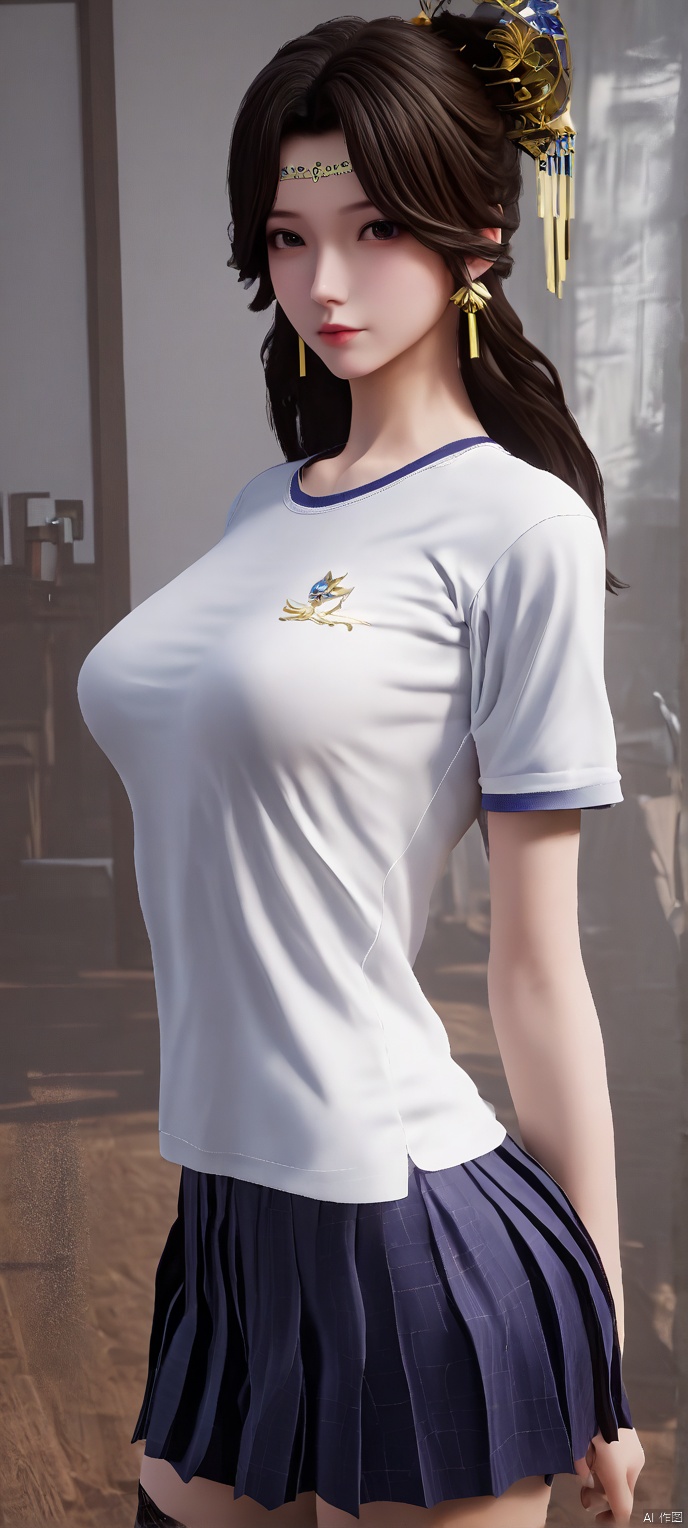 (high definition, Best quality, masterpiece, 4K, exquisite skin), 1girl, solo, breasts, looking at viewer, room, White T-shirt, pleated skirt, black thighhighs, zettai ryouiki,