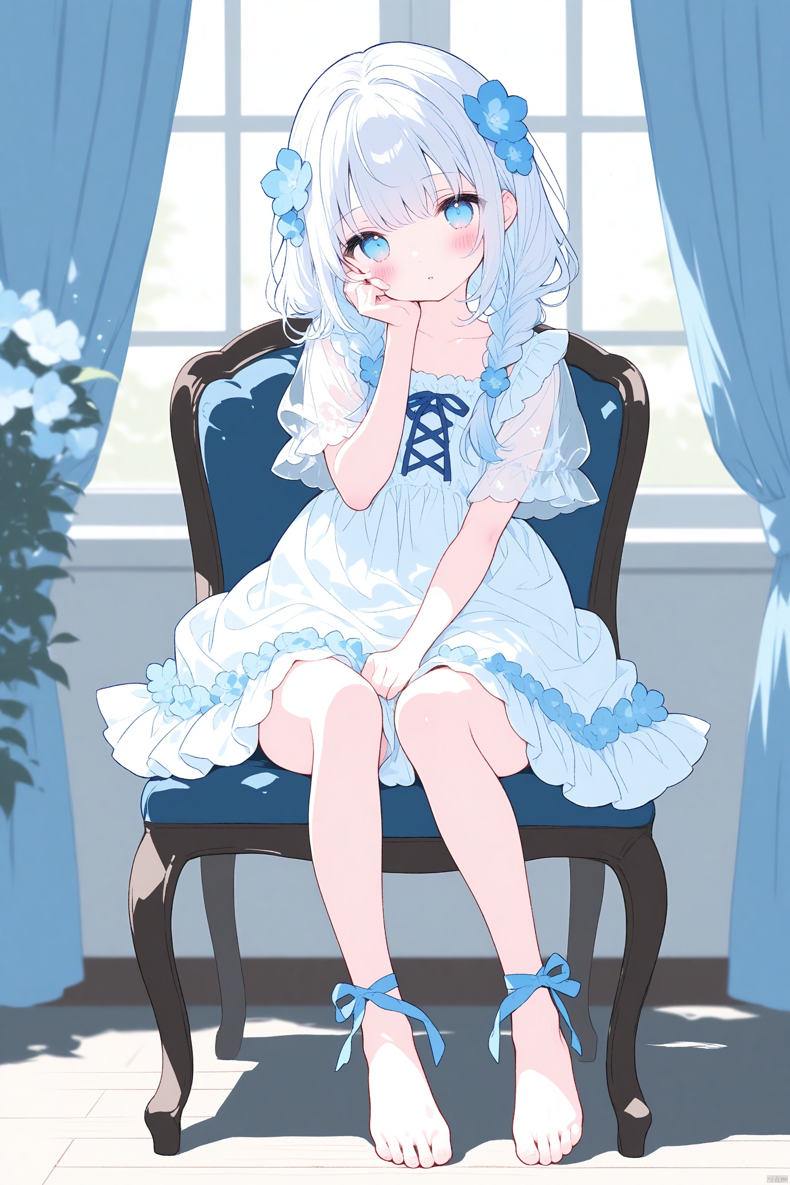 masterpiece,best quality,high quality,loli,1girl, flower, dress, solo, toes, hair ornament, white dress, blue eyes, sitting, hair flower, blue flower, looking at viewer, feet, braid, blurry, frills, see-through, indoors, frilled dress, blurry background, full body, on chair, twin braids, chair, short sleeves, toenails, white hair, collarbone, window, hair over shoulder, blue hair, parted lips, legs, blush, shadow, head tilt, medium hair, hand on own face, depth of field, barefoot, low twin braids, multicolored hair, sidelocks, wooden floor, hand up, leg ribbon, long hair, curtains, hand on own cheek, ankle ribbon, cross-laced clothes, see-through sleeves, virtual youtuber, frilled sleeves, no shoes