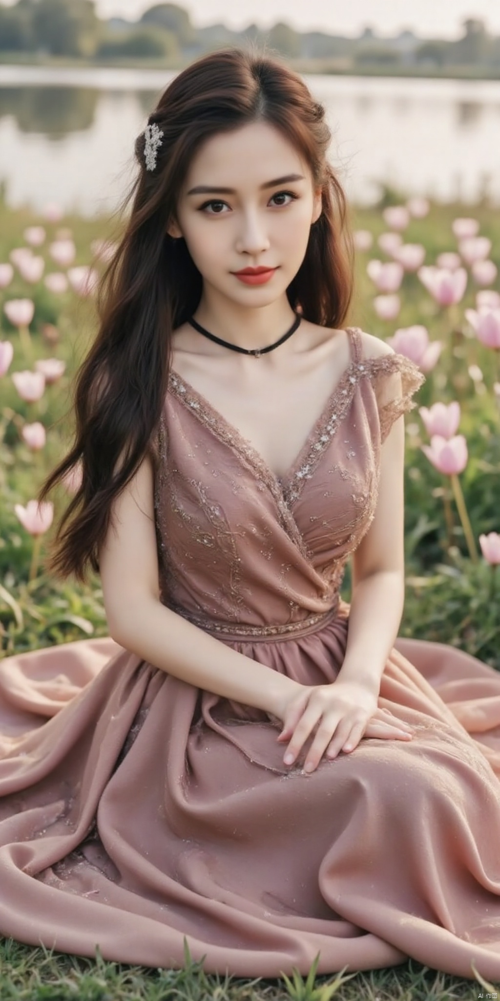 ((Good anatomical structure)),HDR, UHD, 8K, A real person , Highly detailed, best quality, masterpiece, 1girl, realistic, Highly detailed, (EOS R8, 50mm, F1.2, 8K, RAW photo:1.2), ultra realistic 8k cg, good anatomy,1 girl, solo focus,peafect body,Long hair,Messy hair,Bangs,hair between eyes,Sidelocks,Hair over shoulder,very long hair,shiny hair,floating hair,Bright eyes,big eyes,detailed eyes,beautiful eyes,hair ornament,hair flower,choker,frilled dress with lace,long dress,pleated dress,[loli],,outdoors,water,flower,sitting in the ((sea of flowers)), flower field,meadow,beautiful detailed sky,feather,nature,(sunlight), skirt up,,moist skin, shiny skin, glossy skin, (best illumination, best shadow, extremely delicate and beautiful), perfect lighting, original, highres, dynamic angle, floating,depth of field, caustics,lens flare,warm lighting,(official art,beautiful and aesthetic:1.2),beautiful face, ultra detailed eyes, looking_at_viewer,kind smile,pose for picture,,glint sparkle,,solo