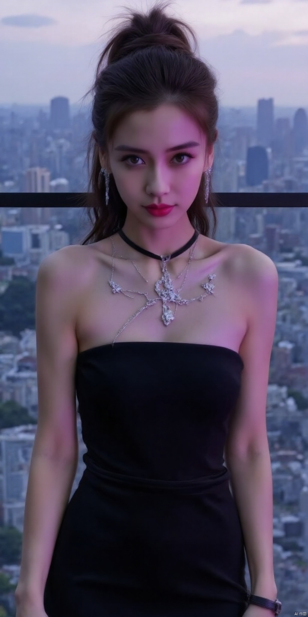 ,,meinvzi,best quality, masterpiece, realistic,(Good structure), DSLR Quality,Depth of field,,looking_at_viewer,Dynamic pose, neonpunk style Neon noir leogirl,hANMEIMEI,realistic photography,,On the rooftop of a towering skyscraper,a girl stands,facing the camera directly. Behind her,a multitude of skyscrapers stretches into the distance,creating a breathtaking urban panorama. It's the perfect dusk moment,with the evening sun casting a warm glow on the girl's face,intensifying the scene's impact. The photo captures a sense of awe,with the sharpness and realism making every detail vivid and clear,Hair fluttered in the wind,long hair,halterneck, . cyberpunk, vaporwave, neon, vibes, vibrant, stunningly beautiful, crisp, detailed, sleek, ultramodern, magenta highlights, dark purple shadows, high contrast, cinematic, ultra detailed, intricate, professional,,
