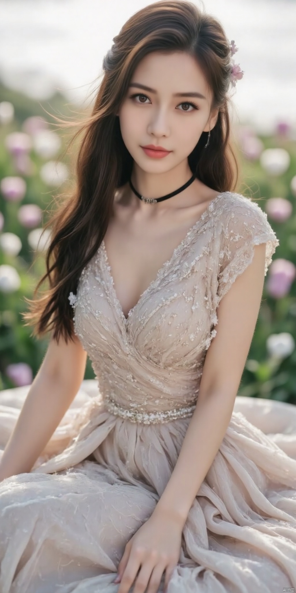 ((Good anatomical structure)),HDR, UHD, 8K, A real person , Highly detailed, best quality, masterpiece, 1girl, realistic, Highly detailed, (EOS R8, 50mm, F1.2, 8K, RAW photo:1.2), ultra realistic 8k cg, good anatomy,1 girl, solo focus,peafect body,Long hair,Messy hair,Bangs,hair between eyes,Sidelocks,Hair over shoulder,very long hair,shiny hair,floating hair,Bright eyes,big eyes,detailed eyes,beautiful eyes,hair ornament,hair flower,choker,frilled dress with lace,long dress,pleated dress,[loli],,outdoors,water,flower,sitting in the ((sea of flowers)), flower field,meadow,beautiful detailed sky,feather,nature,(sunlight), skirt up,,moist skin, shiny skin, glossy skin, (best illumination, best shadow, extremely delicate and beautiful), perfect lighting, original, highres, dynamic angle, floating,depth of field, caustics,lens flare,warm lighting,(official art,beautiful and aesthetic:1.2),beautiful face, ultra detailed eyes, looking_at_viewer,kind smile,pose for picture,,glint sparkle,,solo