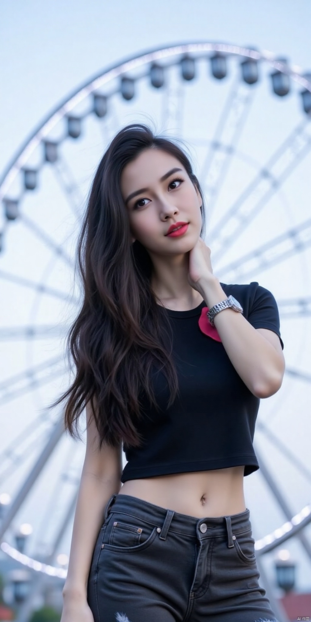 This photograph captures a young woman standing in front of a large Ferris wheel, taken from a low, upward angle. She has light skin and long, black hair that is slightly tousled. She is wearing a black, short-sleeved crop top and high-waisted,part of red bra can be seen, dark-wash skinny jeans with ripped knees, emphasizing a casual, edgy style. Her left hand is lifted, running through her hair, while her right arm hangs by her side. She wears a silver bracelet on her right wrist. The Ferris wheel behind her is illuminated with white lights, creating a contrast against the pale blue sky. The composition follows the rule of thirds, with the woman positioned off-center to the right, leading the viewer's eye up to the Ferris wheel. The lighting is natural, likely from the sun, providing even illumination without harsh shadows. The overall mood of the image is casual and adventurous, capturing a moment of youthful spontaneity.