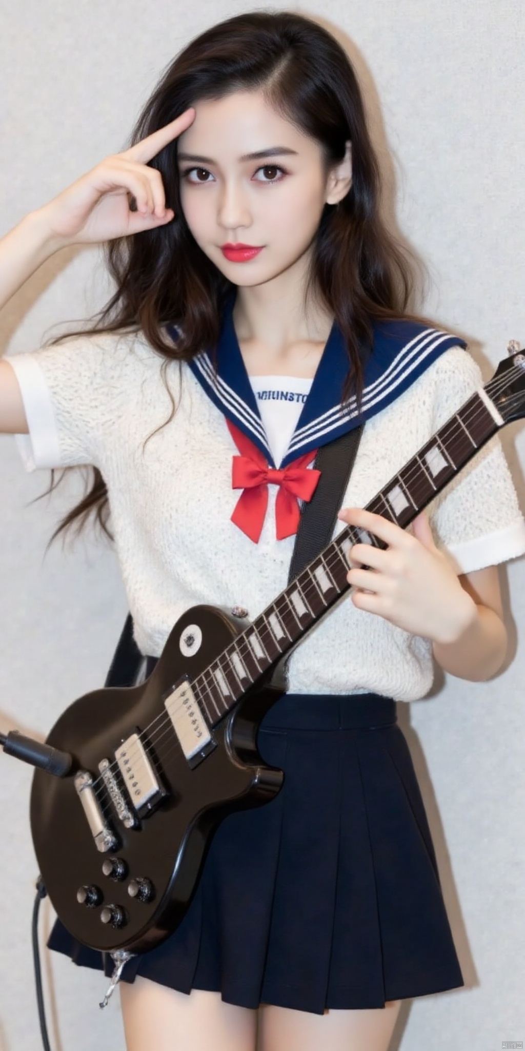 meinvzi,1girl,  solo, electric_guitar, guitar, , instrument, gibson_les_paul, long_hair, school_uniform, skirt, microphone_stand, holding, pointing, microphone, chromatic_aberration, hair_between_eyes, music, pointing_at_viewer, red_bow, bow, one_side_up, looking_at_viewer, pleated_skirt, short_sleeves, shirt, holding_instrument, sailor_collar, bowtie, playing_instrument, red_bowtie, shuka_high_school_uniform
