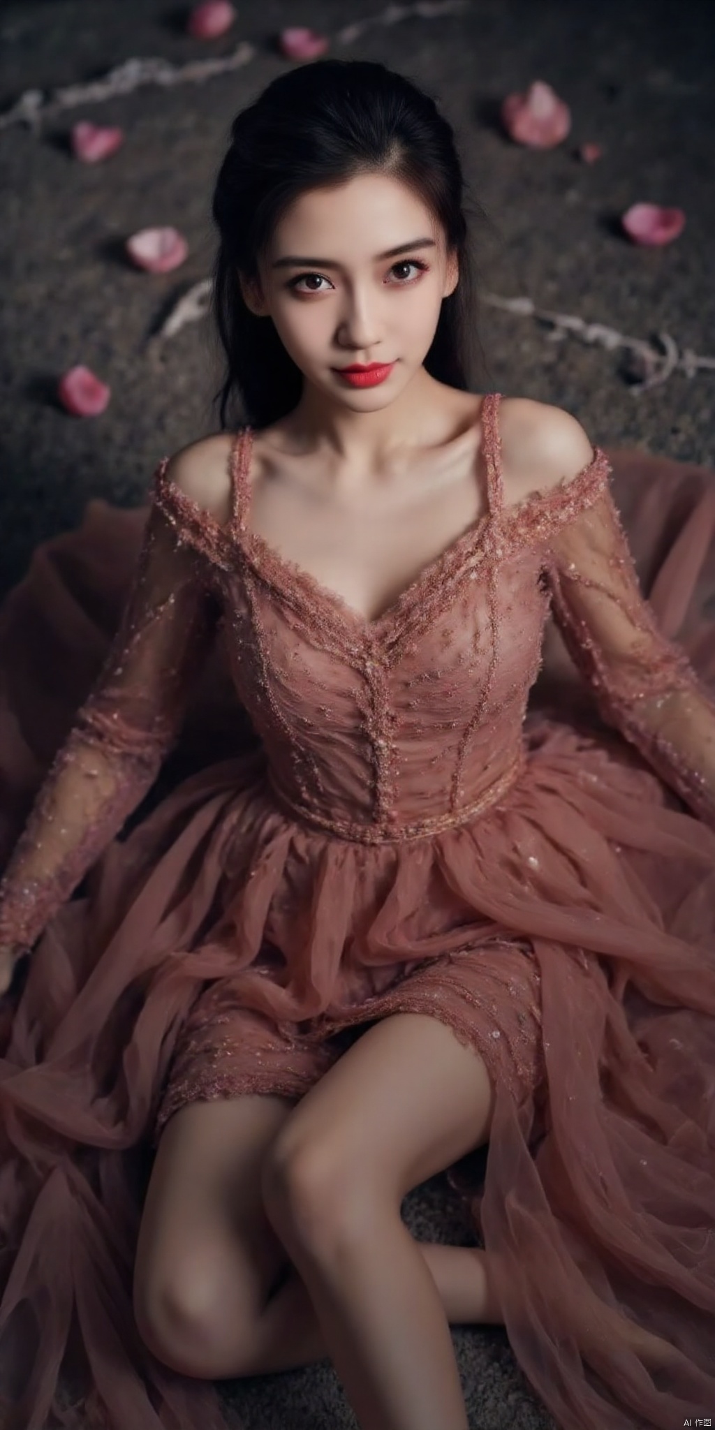 yilin, DSLR Quality,Depth of field ,looking_at_viewer,Dynamic pose, , kind smile,1girl , 8k resolution, Masterpiece quality, High detail. from below, Fantasy theme, cropped. {(1 girl:1.5),(close to viewer:1.8), ((looking at viewer:2), beautiful face, ), ((worm's eye shot:1.2)),perspective distortion}, (Panoramic view, fisheye lens effect:1.1). {(Strong backlighting, underexposure:1.4), (blocked shadows:0.8), depth of field(at 100mm focal length:1.2)}, (horizon:0.7), low key earth. the starry sky feathering into the background, creating a sense of depth and gradient. Incorporating Droste Effect(an endless repetition and reflection:1.2). Surrounded by fluttering rose petals, reflected or casting dramatic shadows and highlights, {(meteor shower, planets:1.1), (Vermilion Comet:1.3)}. mesmerizing effect, a dreamlike ambiance of infinity. A vortex of rose petals, a starry sky vortex, , as, vortex, tyjf,
