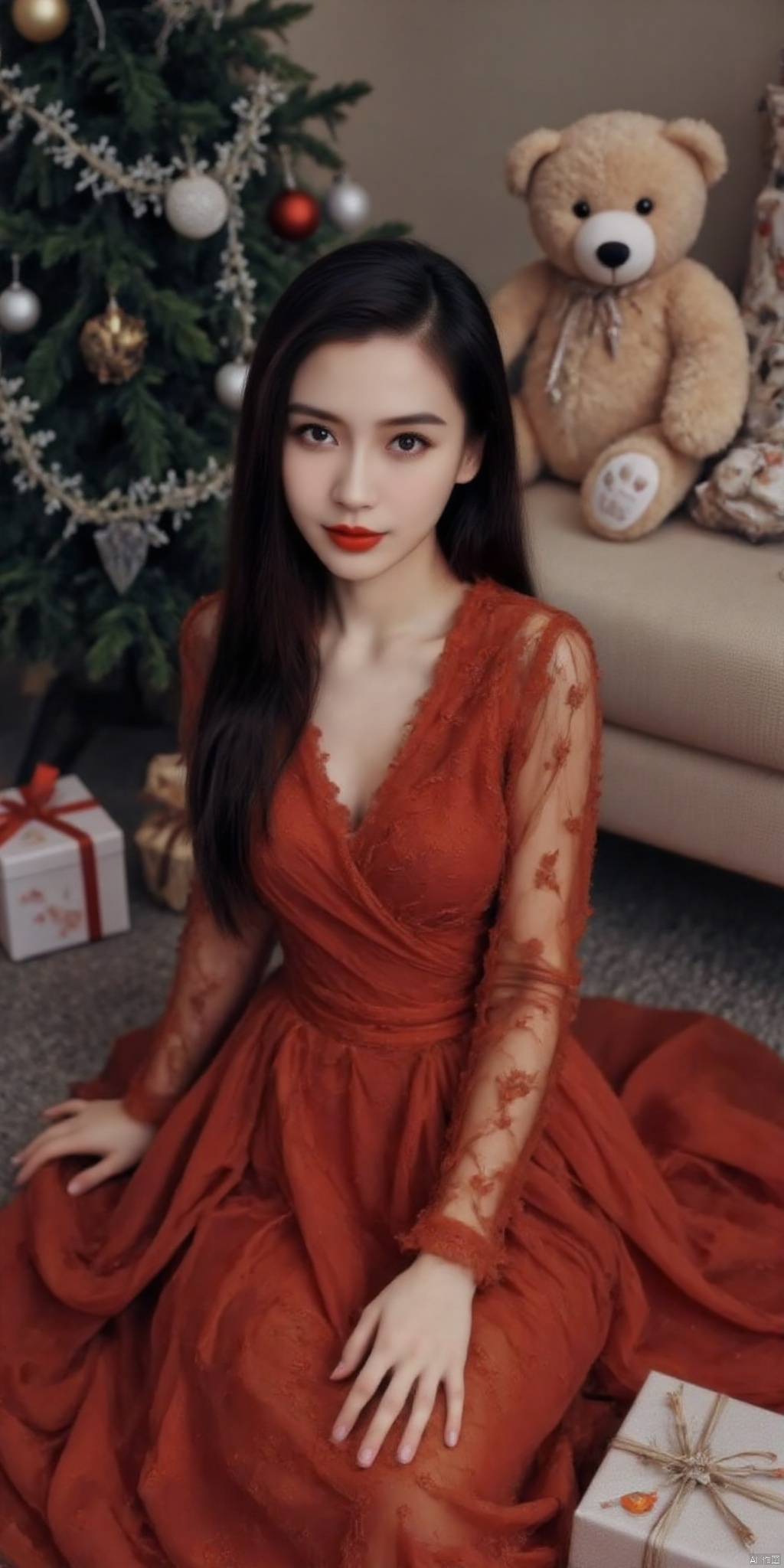 ,A half body photo of a beautiful young woman surrounded by a Christmas tree, gifts, and a teddy bear. She was wearing a red dress, creating a festive atmosphere. This professional photo showcases ultra clear and high-definition details, resulting in an ultra realistic image,Mechanical Animal,abb