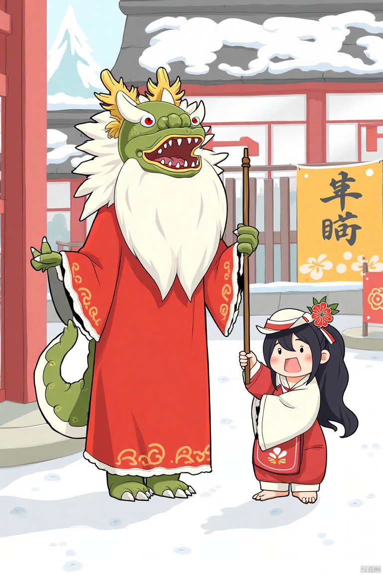  a Chinese dragon and a young Asian girl. The dragon is dressed in a red robe, adorned with a white beard and red eyes. Its mouth is open, revealing sharp teeth. The young girl, dressed in traditional Chinese clothing, is holding a stick in her right hand. She is wearing a white hat with a red flower in her left hand. Her hair is styled in a ponytail, adding a pop of color to the scene. The scene is set against a backdrop of snow, a red building, and a yellow sign with Chinese characters on it.,Children's Illustration