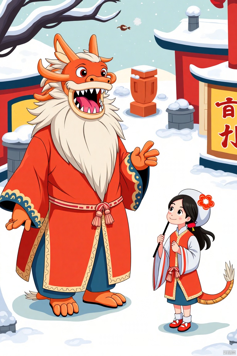  a Chinese dragon and a young Asian girl. The dragon is dressed in a red robe, adorned with a white beard and red eyes. Its mouth is open, revealing sharp teeth. The young girl, dressed in traditional Chinese clothing, is holding a stick in her right hand. She is wearing a white hat with a red flower in her left hand. Her hair is styled in a ponytail, adding a pop of color to the scene. The scene is set against a backdrop of snow, a red building, and a yellow sign with Chinese characters on it.,Children's Illustration