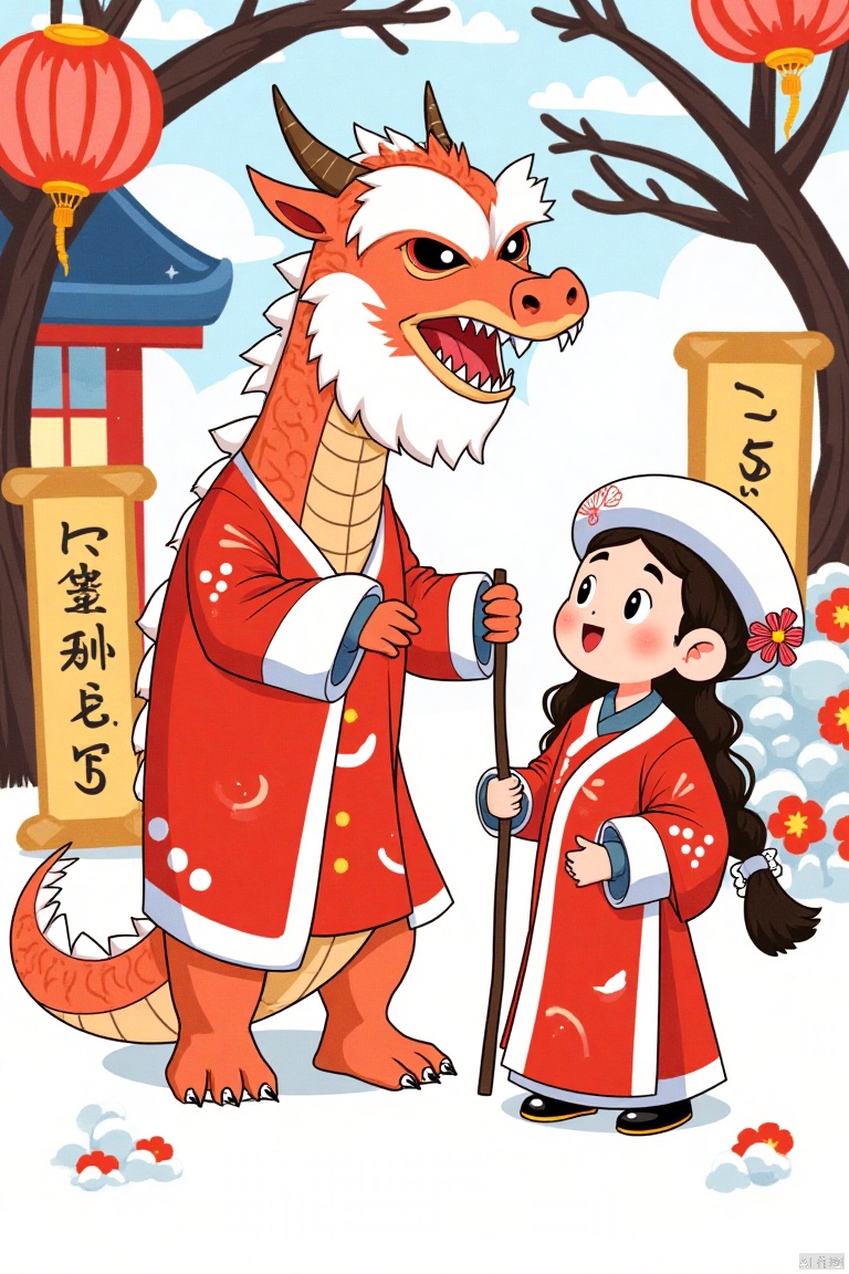  a Chinese dragon and a young Asian girl. The dragon is dressed in a red robe, adorned with a white beard and red eyes. Its mouth is open, revealing sharp teeth. The young girl, dressed in traditional Chinese clothing, is holding a stick in her right hand. She is wearing a white hat with a red flower in her left hand. Her hair is styled in a ponytail, adding a pop of color to the scene. The scene is set against a backdrop of snow, a red building, and a yellow sign with Chinese characters on it.,Children's Illustration
