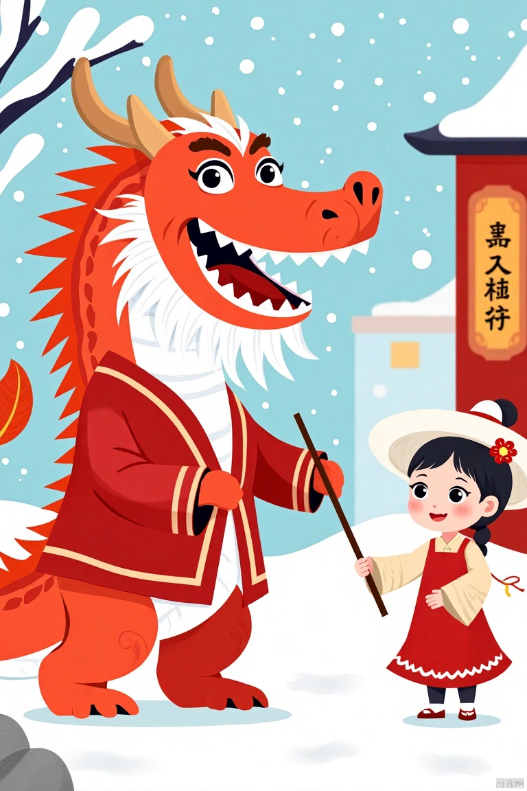  a Chinese dragon and a young Asian girl. The dragon is dressed in a red robe, adorned with a white beard and red eyes. Its mouth is open, revealing sharp teeth. The young girl, dressed in traditional Chinese clothing, is holding a stick in her right hand. She is wearing a white hat with a red flower in her left hand. Her hair is styled in a ponytail, adding a pop of color to the scene. The scene is set against a backdrop of snow, a red building, and a yellow sign with Chinese characters on it.,Children's Illustration