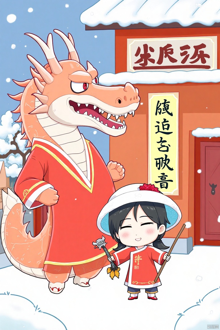  a Chinese dragon and a young Asian girl. The dragon is dressed in a red robe, adorned with a white beard and red eyes. Its mouth is open, revealing sharp teeth. The young girl, dressed in traditional Chinese clothing, is holding a stick in her right hand. She is wearing a white hat with a red flower in her left hand. Her hair is styled in a ponytail, adding a pop of color to the scene. The scene is set against a backdrop of snow, a red building, and a yellow sign with Chinese characters on it.,Children's Illustration