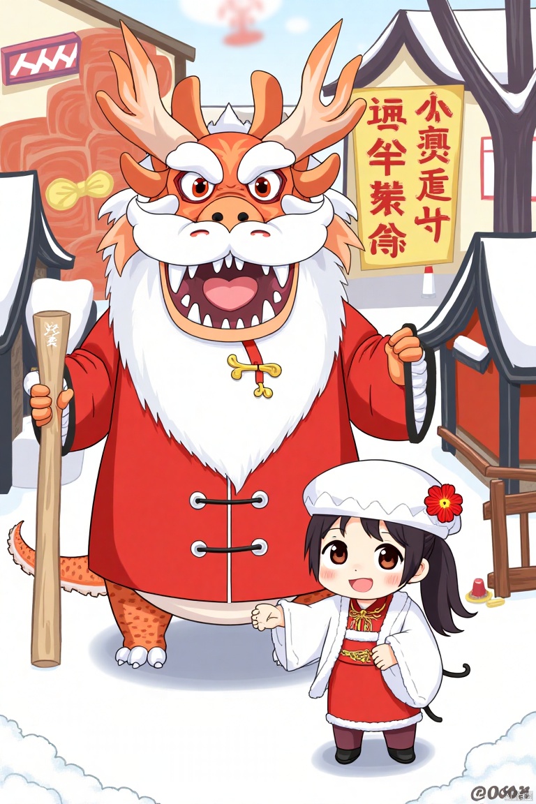  a Chinese dragon and a young Asian girl. The dragon is dressed in a red robe, adorned with a white beard and red eyes. Its mouth is open, revealing sharp teeth. The young girl, dressed in traditional Chinese clothing, is holding a stick in her right hand. She is wearing a white hat with a red flower in her left hand. Her hair is styled in a ponytail, adding a pop of color to the scene. The scene is set against a backdrop of snow, a red building, and a yellow sign with Chinese characters on it.,Children's Illustration