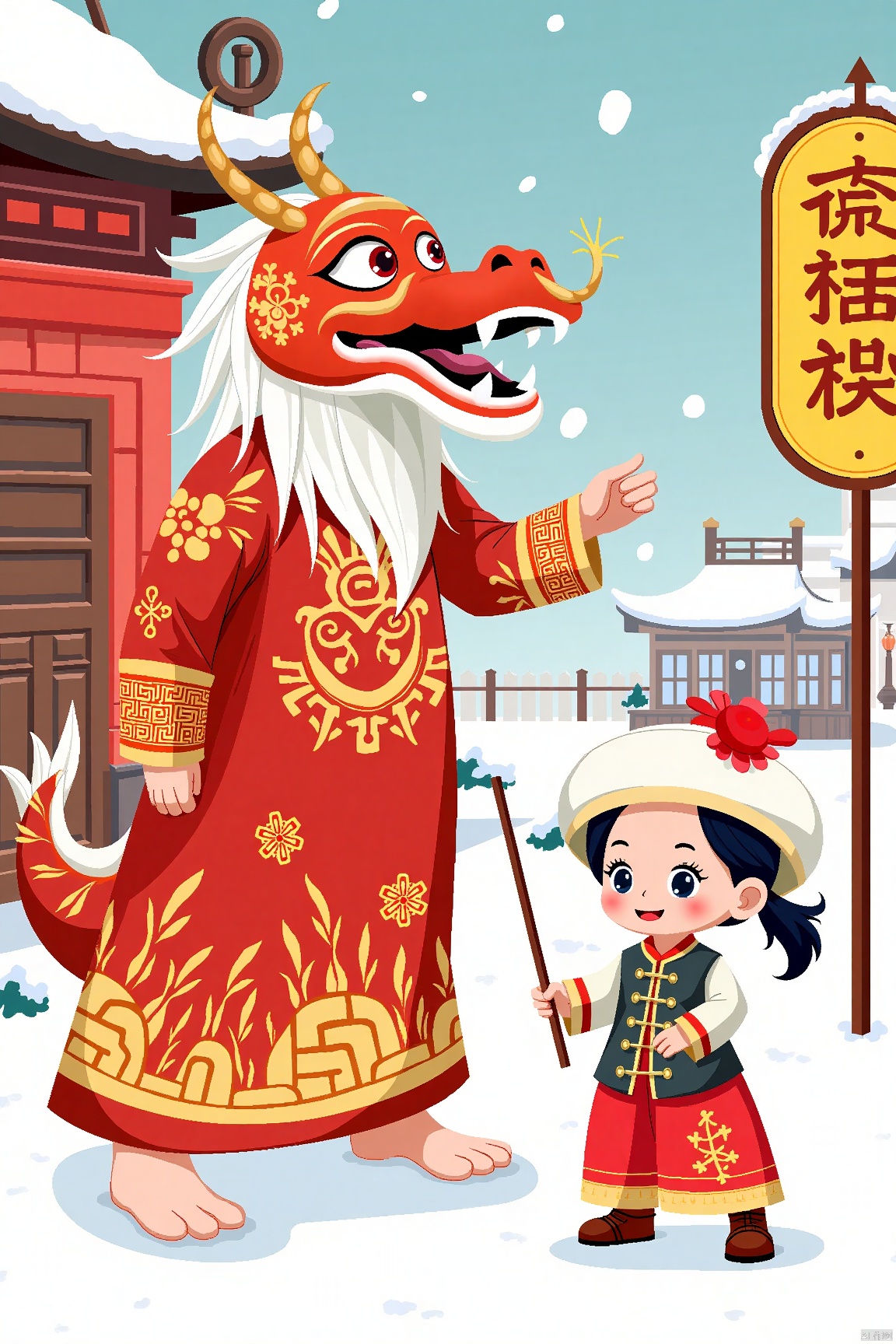  a Chinese dragon and a young Asian girl. The dragon is dressed in a red robe, adorned with a white beard and red eyes. Its mouth is open, revealing sharp teeth. The young girl, dressed in traditional Chinese clothing, is holding a stick in her right hand. She is wearing a white hat with a red flower in her left hand. Her hair is styled in a ponytail, adding a pop of color to the scene. The scene is set against a backdrop of snow, a red building, and a yellow sign with Chinese characters on it.,Children's Illustration