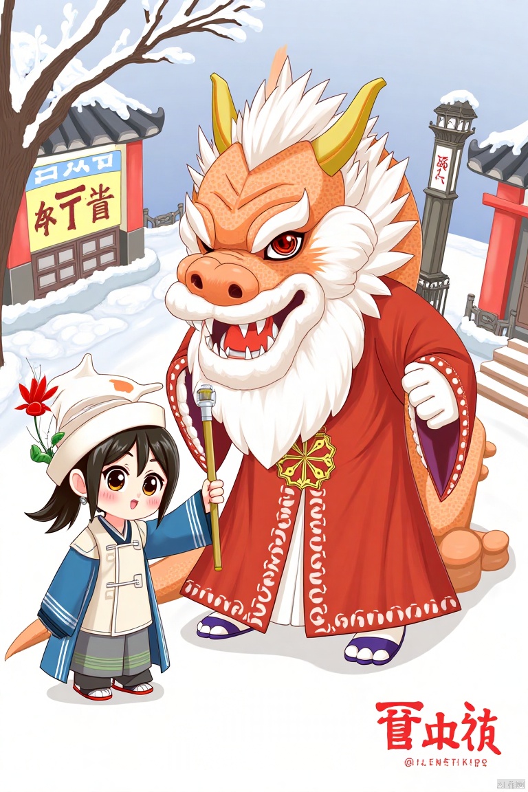  a Chinese dragon and a young Asian girl. The dragon is dressed in a red robe, adorned with a white beard and red eyes. Its mouth is open, revealing sharp teeth. The young girl, dressed in traditional Chinese clothing, is holding a stick in her right hand. She is wearing a white hat with a red flower in her left hand. Her hair is styled in a ponytail, adding a pop of color to the scene. The scene is set against a backdrop of snow, a red building, and a yellow sign with Chinese characters on it.,Children's Illustration