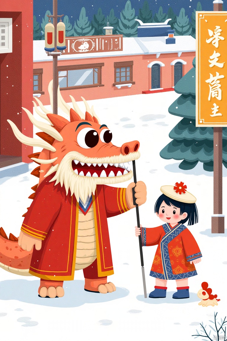  a Chinese dragon and a young Asian girl. The dragon is dressed in a red robe, adorned with a white beard and red eyes. Its mouth is open, revealing sharp teeth. The young girl, dressed in traditional Chinese clothing, is holding a stick in her right hand. She is wearing a white hat with a red flower in her left hand. Her hair is styled in a ponytail, adding a pop of color to the scene. The scene is set against a backdrop of snow, a red building, and a yellow sign with Chinese characters on it.,Children's Illustration