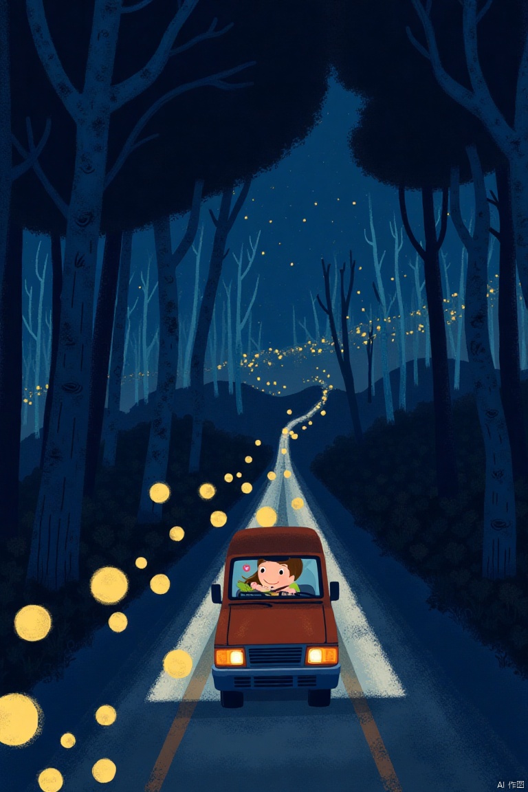 A girl drives in a truck, medium shot, night time through the forest, faint light, on the truck are glowing orbs,Children's Illustration