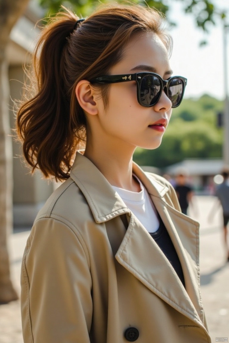 A 14-year-old woman,full body photo,bright light,coat,ponytail,short hair,white skin,cxy,sideways,wearing sunglasses,