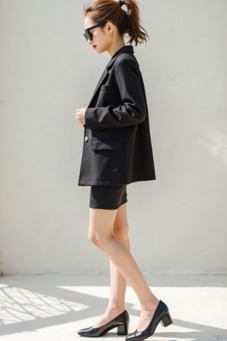 A 14-year-old woman,full body photo,bright light,coat,ponytail,short hair,white skin,cxy,sideways,wearing sunglasses,encil skirt,long and slim and thin legs,high heels,