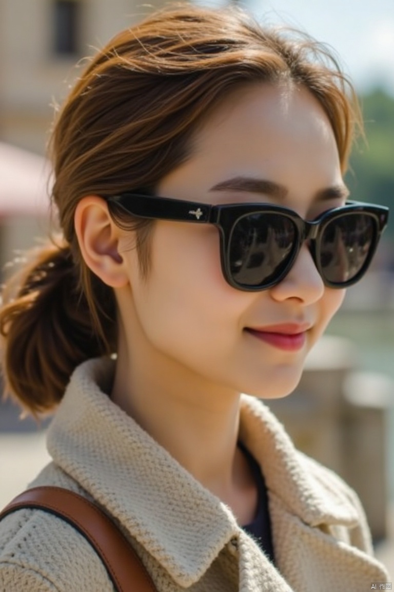 A 14-year-old woman,face photo,bright light,peacoat,ponytail,short hair,white skin,cxy,sideways,wearing sunglasses,