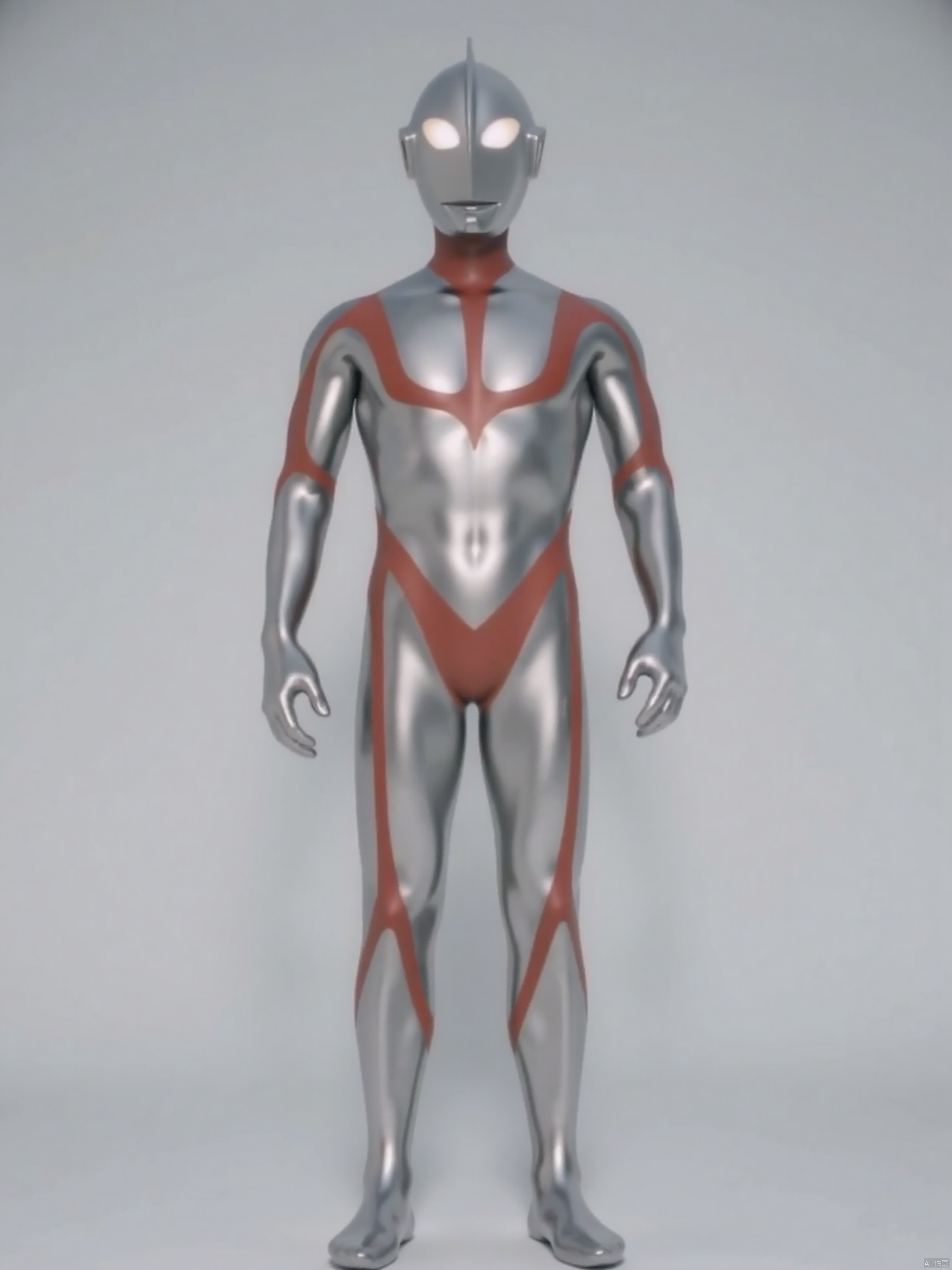 (grey background:1.2),looking at viewer,(SOLO:1.4),outline,simple background,full body,looking at viewer,(((arms at side))),ultraman,silver bodysuit,silver gloves,legwear,gloves,boots,cover,mask,plugsuit,armor,bodysuit,red pattern on body,silver tight-fitting,silver footwear,helmet,leather suit,latex,tokusatsu,no humans,science fiction,silver head,hard mask,no smile,no eyes,no nose,solo,silver rubber bodysuit with red line