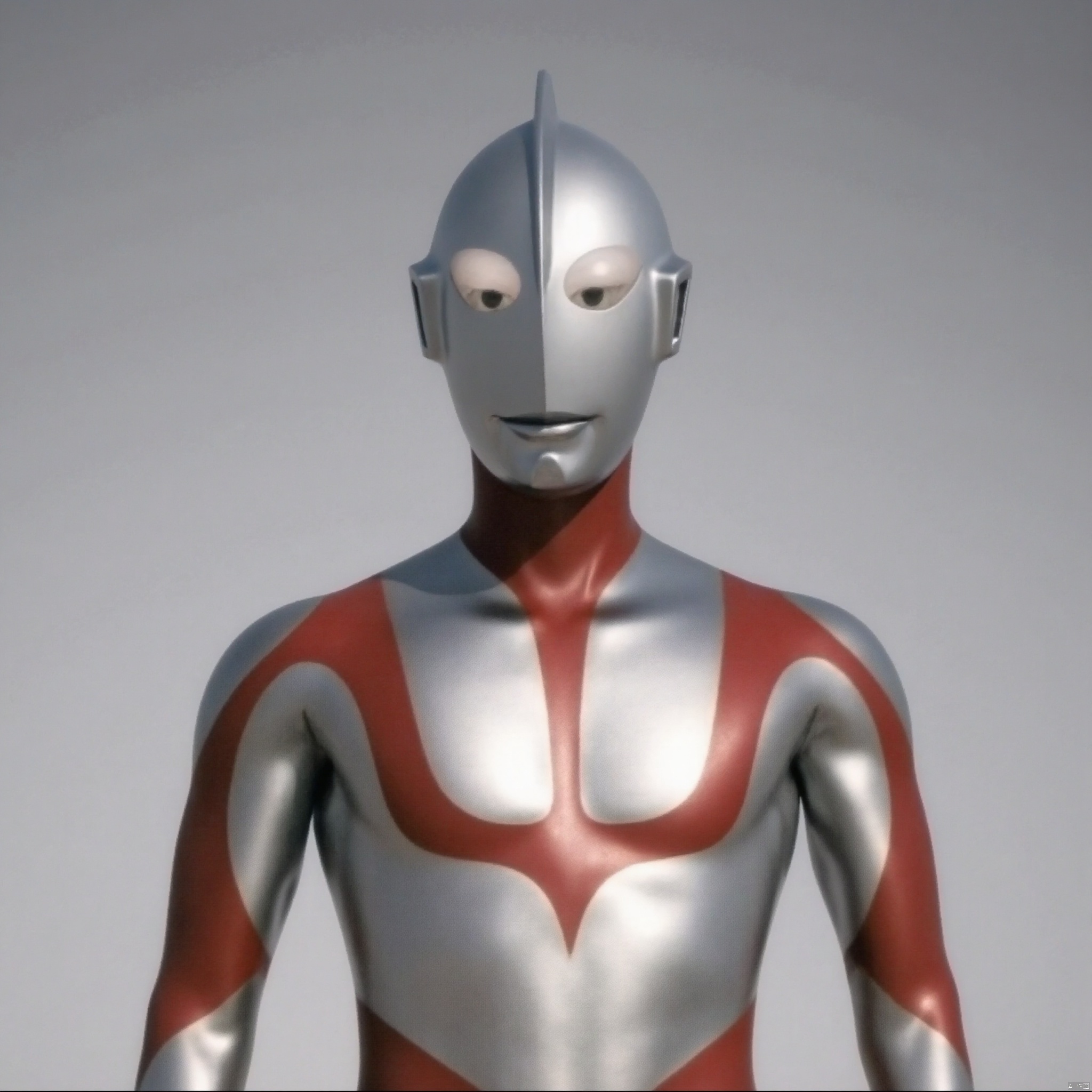 (grey background:1.2),looking at viewer,(SOLO:1.4),outline,simple background,full body,looking at viewer,(((arms at side))),ultraman,silver bodysuit,silver gloves,legwear,gloves,boots,cover,mask,plugsuit,armor,bodysuit,red pattern on body,silver tight-fitting,silver footwear,helmet,leather suit,latex,tokusatsu,no humans,science fiction,silver head,hard mask,no smile,no eyes,no nose,solo,silver rubber bodysuit with red line