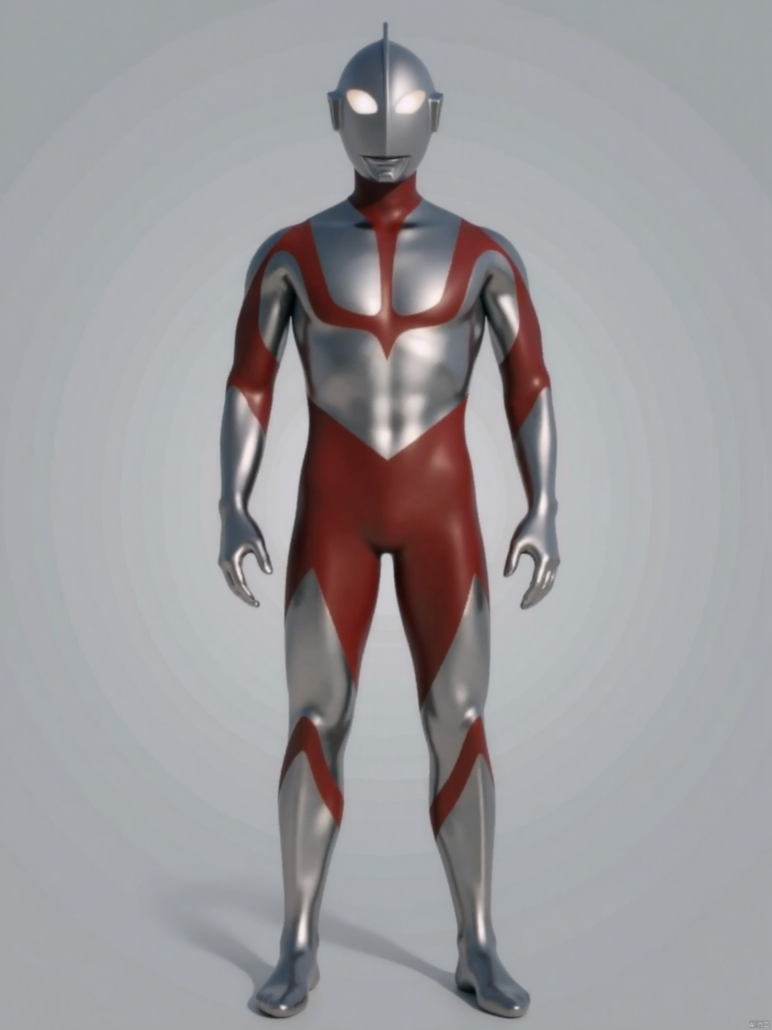 (grey background:1.2),looking at viewer,(SOLO:1.4),outline,simple background,full body,looking at viewer,(((arms at side))),ultraman,silver bodysuit,silver gloves,legwear,gloves,boots,cover,mask,plugsuit,armor,bodysuit,red pattern on body,silver tight-fitting,silver footwear,helmet,leather suit,latex,tokusatsu,no humans,science fiction,silver head,hard mask,no smile,no eyes,no nose,solo,silver rubber bodysuit with red line
