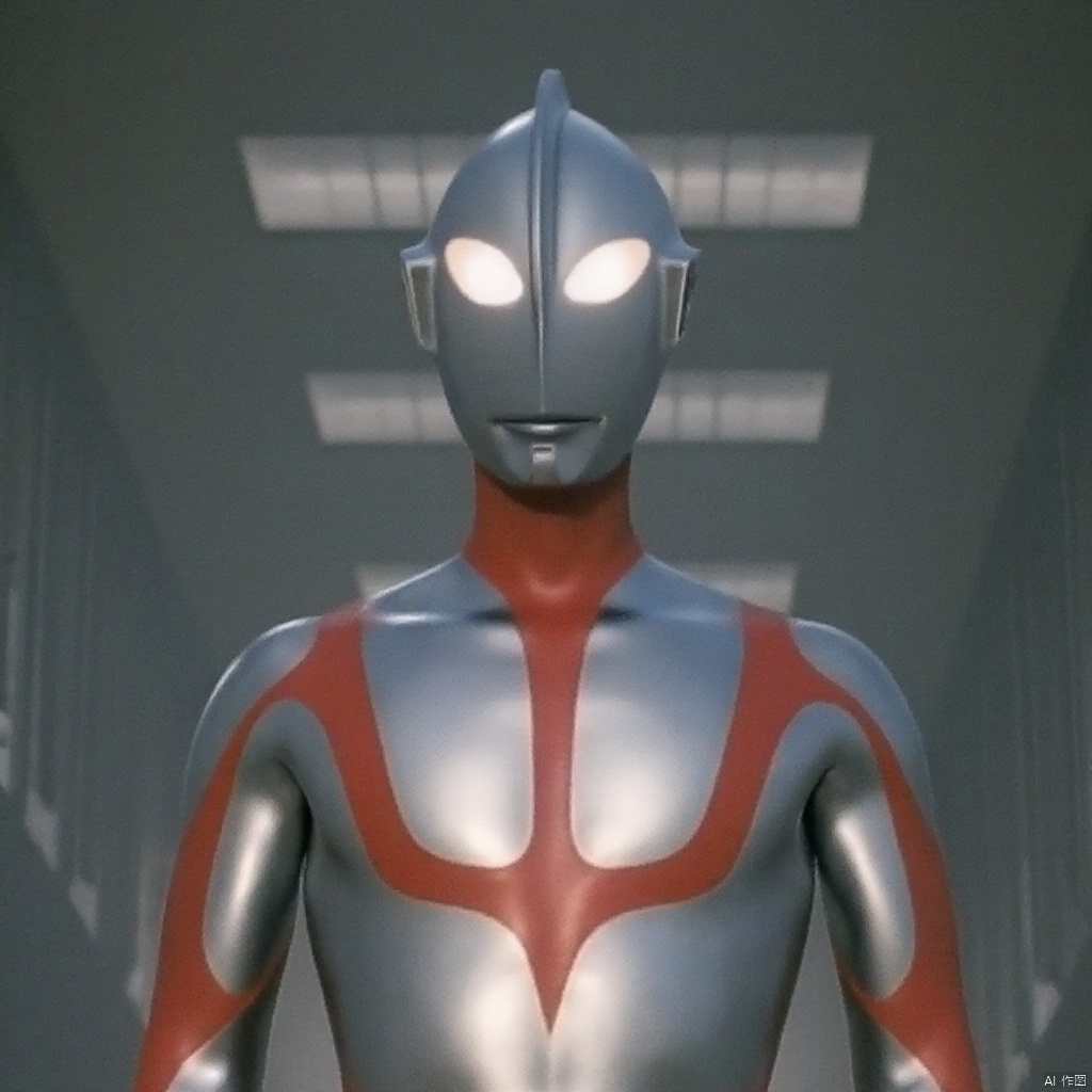 ultraman,silver bodysuit,silver gloves,legwear,gloves,boots,cover,mask,plugsuit,armor,bodysuit,red pattern on body,silver tight-fitting,silver footwear,helmet,leather suit,latex,tokusatsu,no humans,science fiction,silver head,hard mask,no smile,no eyes,no nose,solo,silver rubber bodysuit with red line
