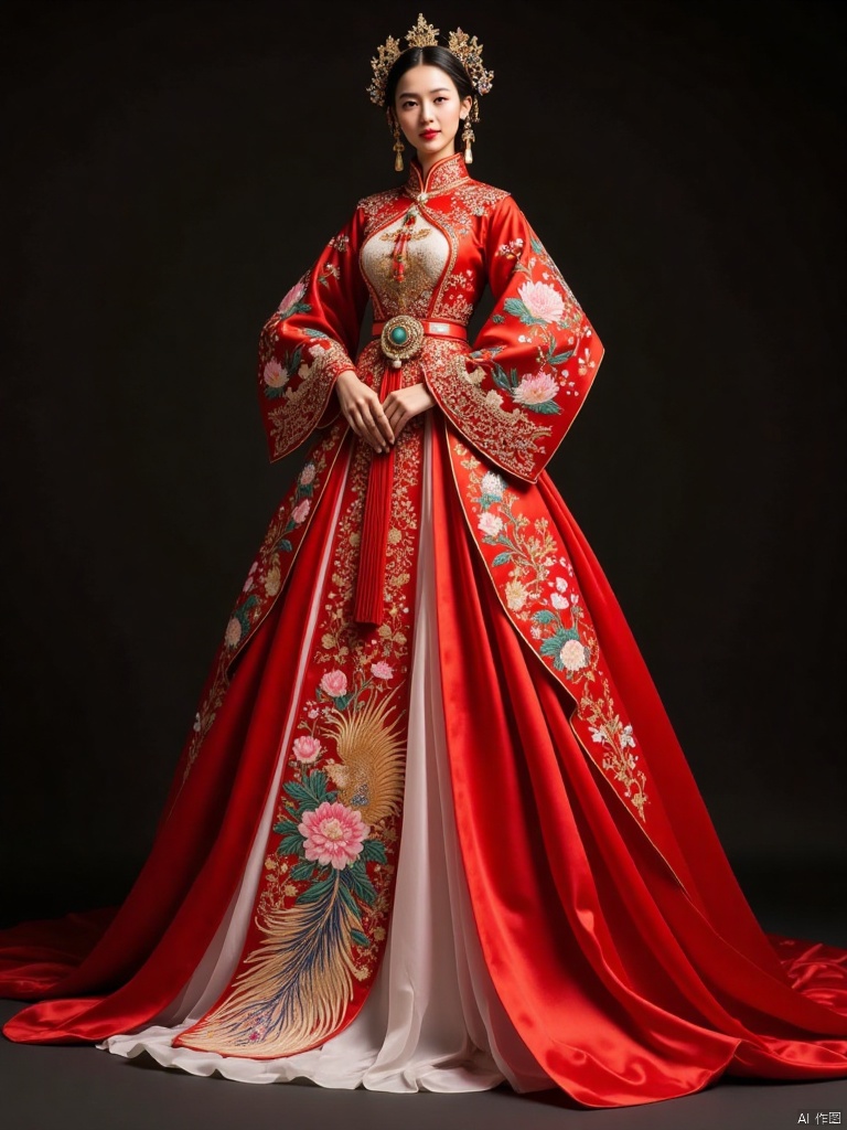 In the picture, a graceful classical Chinese beauty stands quietly. She is wearing a bright red brocade classical Chinese wedding dress. The stand-up collar is dignified and wraps around the neck. The fine gold-embroidered Hundred Sons pattern on the edge is lifelike. The children's smiles and playfulness can be seen before the eyes, revealing a deep sense of joy. The wide sleeves are light and elegant, and are several feet long. The delicate lotuses embroidered with colorful silk threads seem to exude fragrance. The petals are pink and the leaves are green and fresh. Every vein is clearly distinguishable, showing the love of the couple. The front of the dress is embroidered with a majestic picture of a phoenix in flight. The phoenix has a graceful figure, the phoenix feathers intertwined with colored gemstones and silk threads are brilliant, and surrounded by flowers, which symbolizes the dignity and beauty of the bride. There is a wide belt around the waist, inlaid with a warm jade pendant and bright red coral. The jade pendant is carved into a wishful shape. A long red silk ribbon hangs from the belt. The golden bells tied on the silk ribbon follow the graceful lotus steps of the beauty. , ringing loudly. The multi-layered skirts are stacked one on top of another, with ornate dragon and phoenix patterns shining on the edges. The outermost skirt drags for several meters, like a flowing river of red satin. The beauty wears an exquisite phoenix crown with rubies, sapphires and pearls complementing each other. The central golden phoenix spreads its wings and its tail hangs down to the shoulders, gently swaying in the wind. Somewhat soft. Her face is like a peach blossom, her eyebrows are like distant daisy, her eyes are affectionate, her lips are like cherry blossoms, and her figure is graceful, showing the gentleness, shyness, nobility and elegance of a Chinese classical bride,Bow—Chinese style dress