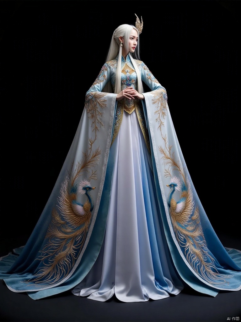 1 girl, white hair, golden hairpin, beautiful headwear, looking into the distance from the side, blue gray gradient clothes, golden glowing embroidery, phoenix decoration in front of the clothes, hands crossed in front, pure black background, partial lighting, studio lighting,Bow—Chinese style dress