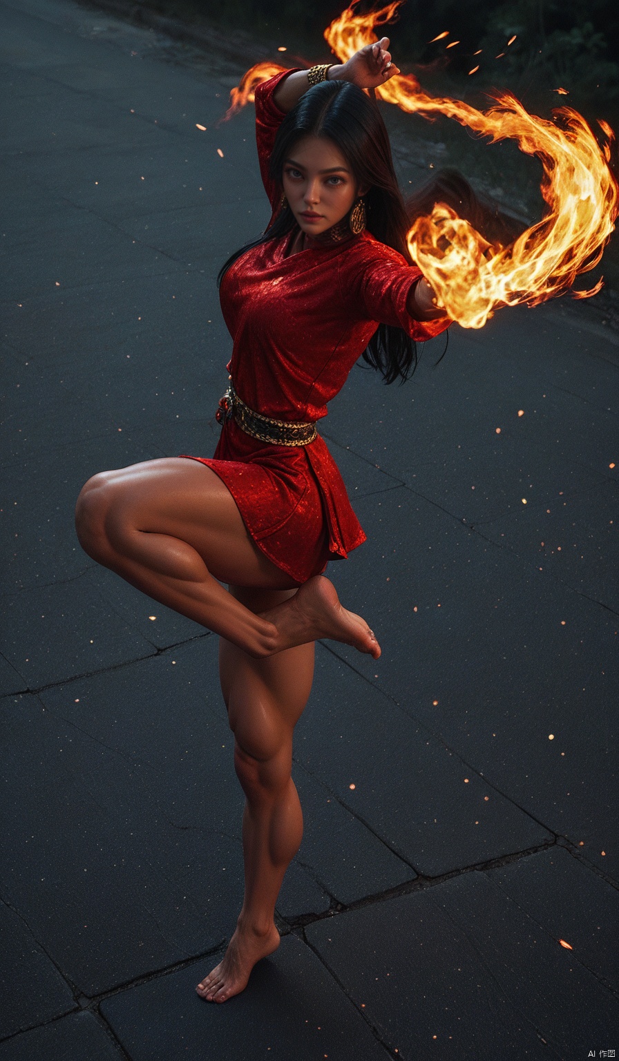 (masterpiece, best quality, ), slum background, Boa Hancock. from above, barefoot, foot focus, high kick with a trail of red fire,long black hair, standing on one leg,  red lighting, (anime coloring:0.3),score_9_up score_8_up score_7_up score_6_up,HANFU,MUSCLE BIMBO