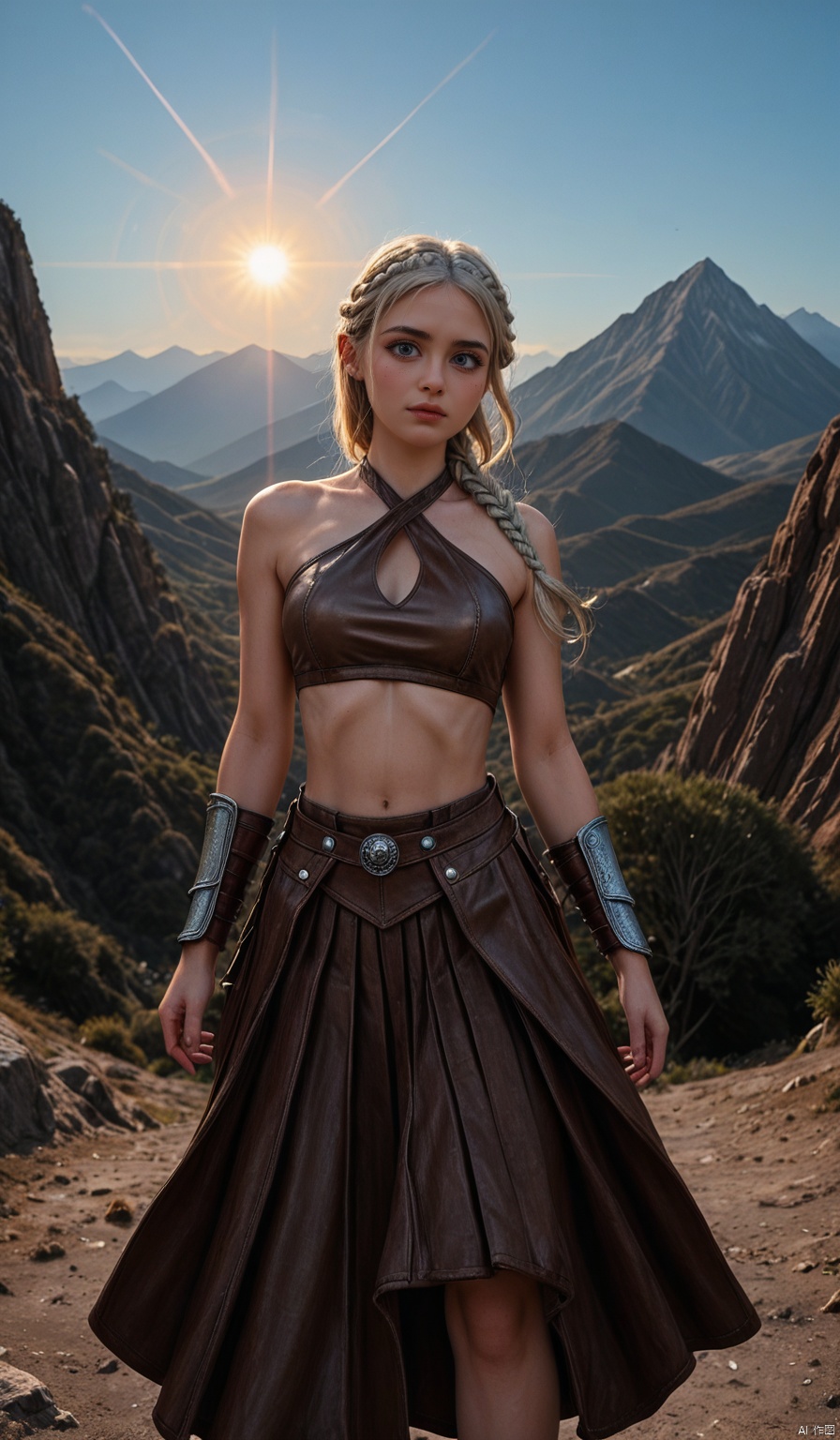  Daenerys dons a rugged, earth-toned Dothraki riding outfit, consisting of a cropped brown leather halter top and a pleated skirt of rough-spun fabric. The outfit is adorned with small metal accents, symbolizing her growing integration into the Dothraki culture. Her hair is styled in intricate braids that cascade down her back, signifying her status as Khaleesi. Her hands are wrapped in leather bracers for protection while riding. The setting is a sun-drenched open plain, with rolling hills and distant mountains creating a dramatic backdrop.,HANFU,Heavenly Breasts