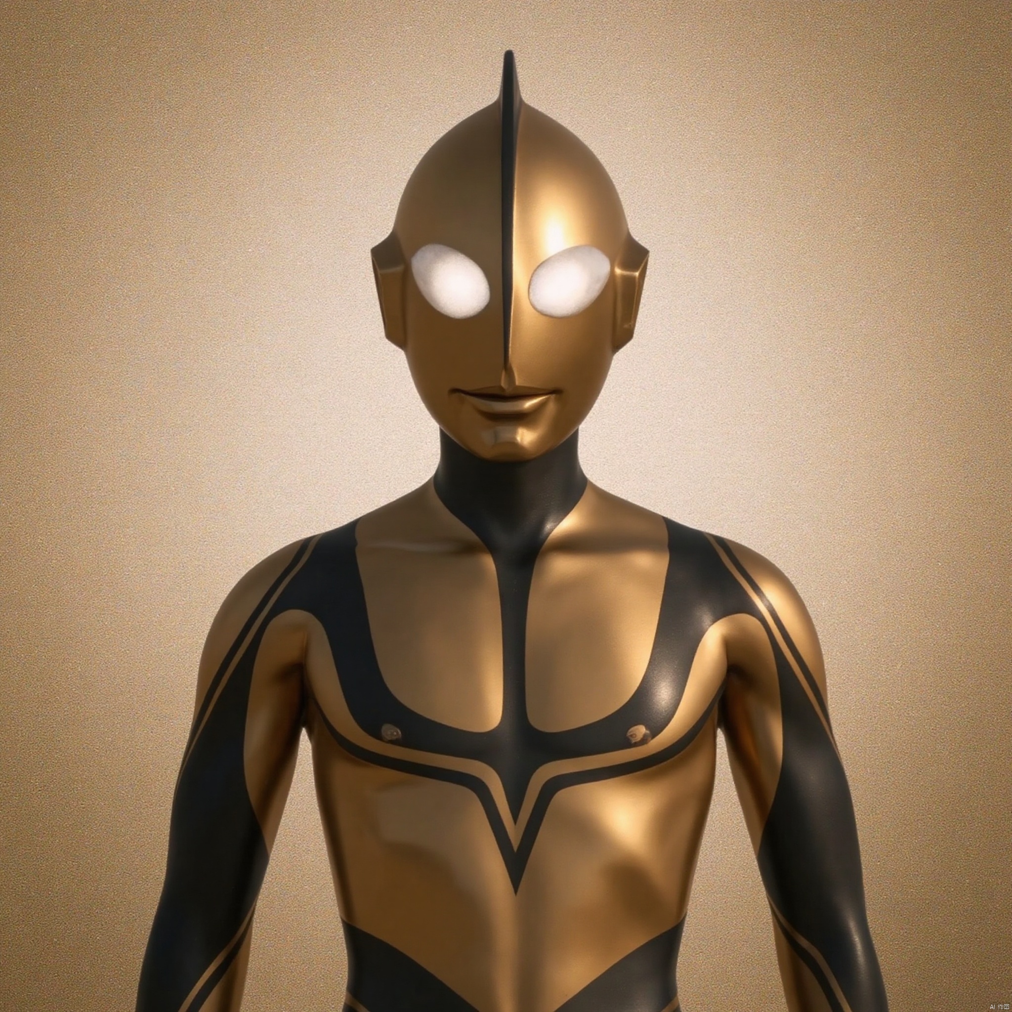 ultraman,golden bodysuit,golden gloves,legwear,gloves,boots,cover,mask,plugsuit,armor,bodysuit,black pattern on body,golden tight-fitting,golden footwear,helmet,leather suit,latex,tokusatsu,no humans,science fiction,golden head,hard mask,no smile,no eyes,no nose,solo,golden rubber bodysuit with black line