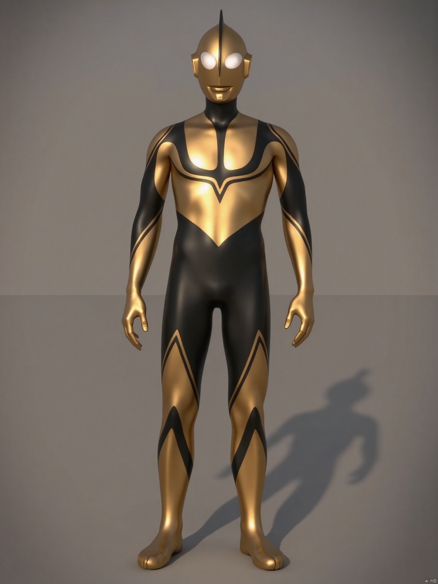 ultraman,golden bodysuit,golden gloves,legwear,gloves,boots,cover,mask,plugsuit,armor,bodysuit,black pattern on body,golden tight-fitting,golden footwear,helmet,leather suit,latex,tokusatsu,no humans,science fiction,golden head,hard mask,no smile,no eyes,no nose,solo,golden rubber bodysuit with black line