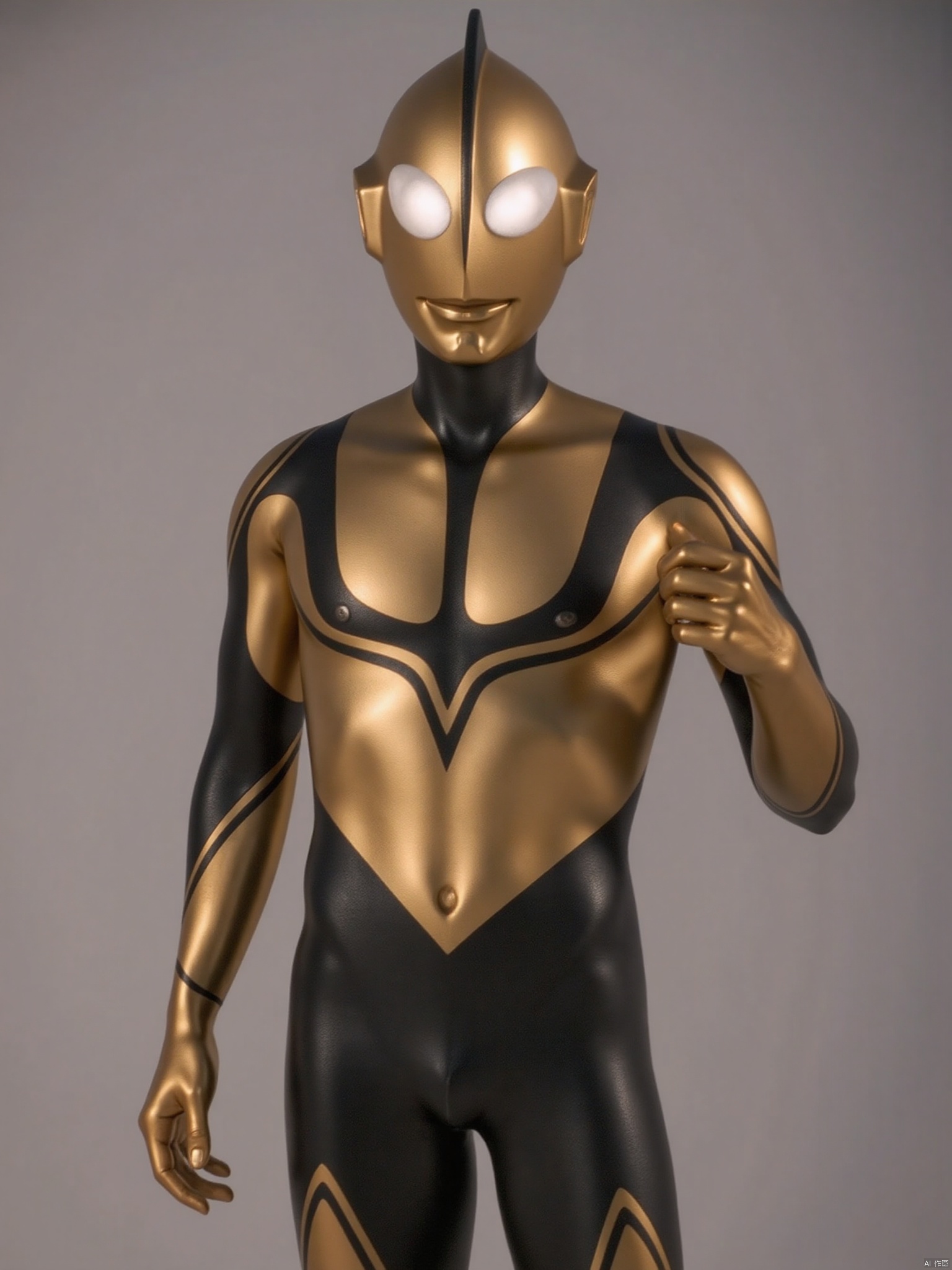 ultraman,golden bodysuit,golden gloves,legwear,gloves,boots,cover,mask,plugsuit,armor,bodysuit,black pattern on body,golden tight-fitting,golden footwear,helmet,leather suit,latex,tokusatsu,no humans,science fiction,golden head,hard mask,no smile,no eyes,no nose,solo,golden rubber bodysuit with black line
