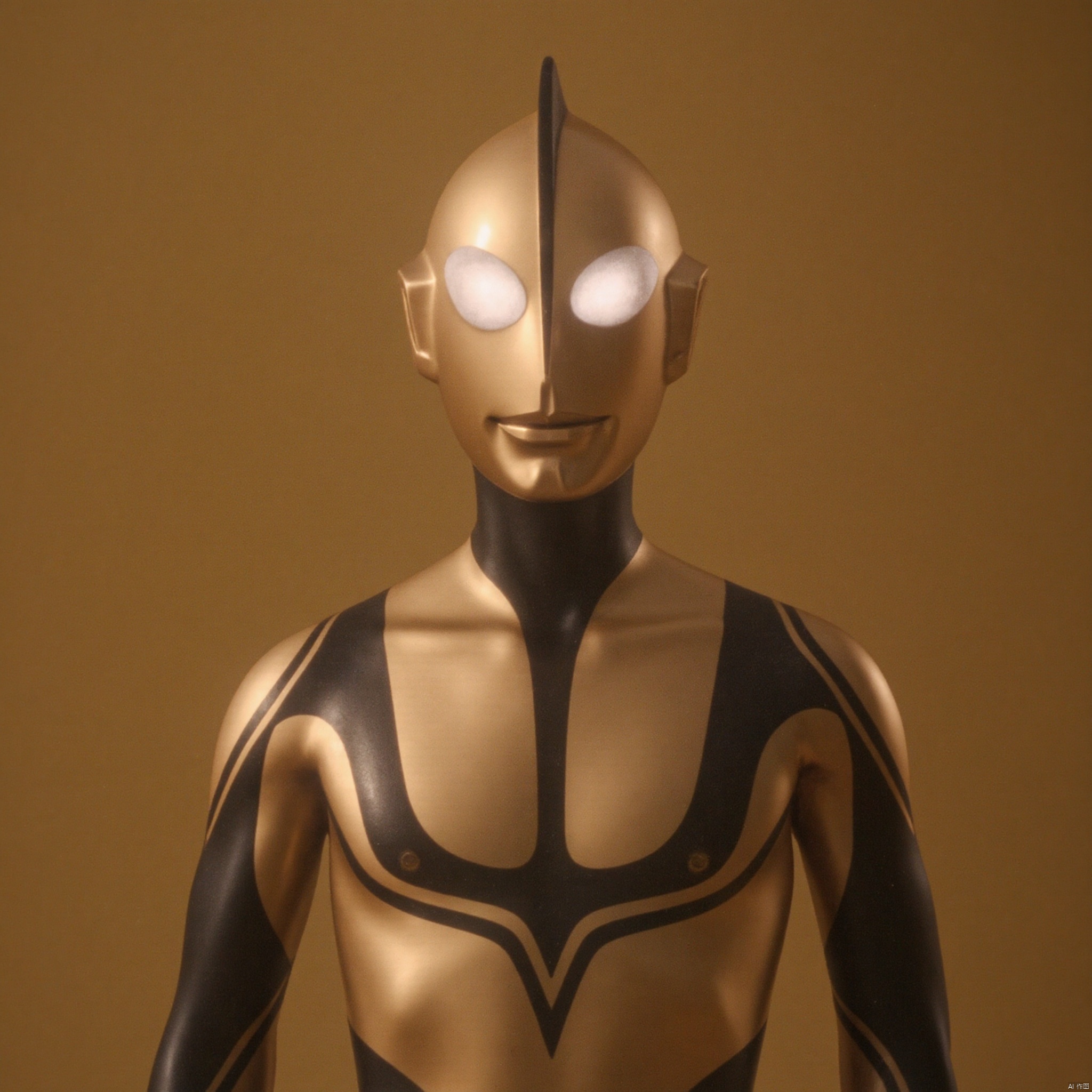 ultraman,golden bodysuit,golden gloves,legwear,gloves,boots,cover,mask,plugsuit,armor,bodysuit,black pattern on body,golden tight-fitting,golden footwear,helmet,leather suit,latex,tokusatsu,no humans,science fiction,golden head,hard mask,no smile,no eyes,no nose,solo,golden rubber bodysuit with black line