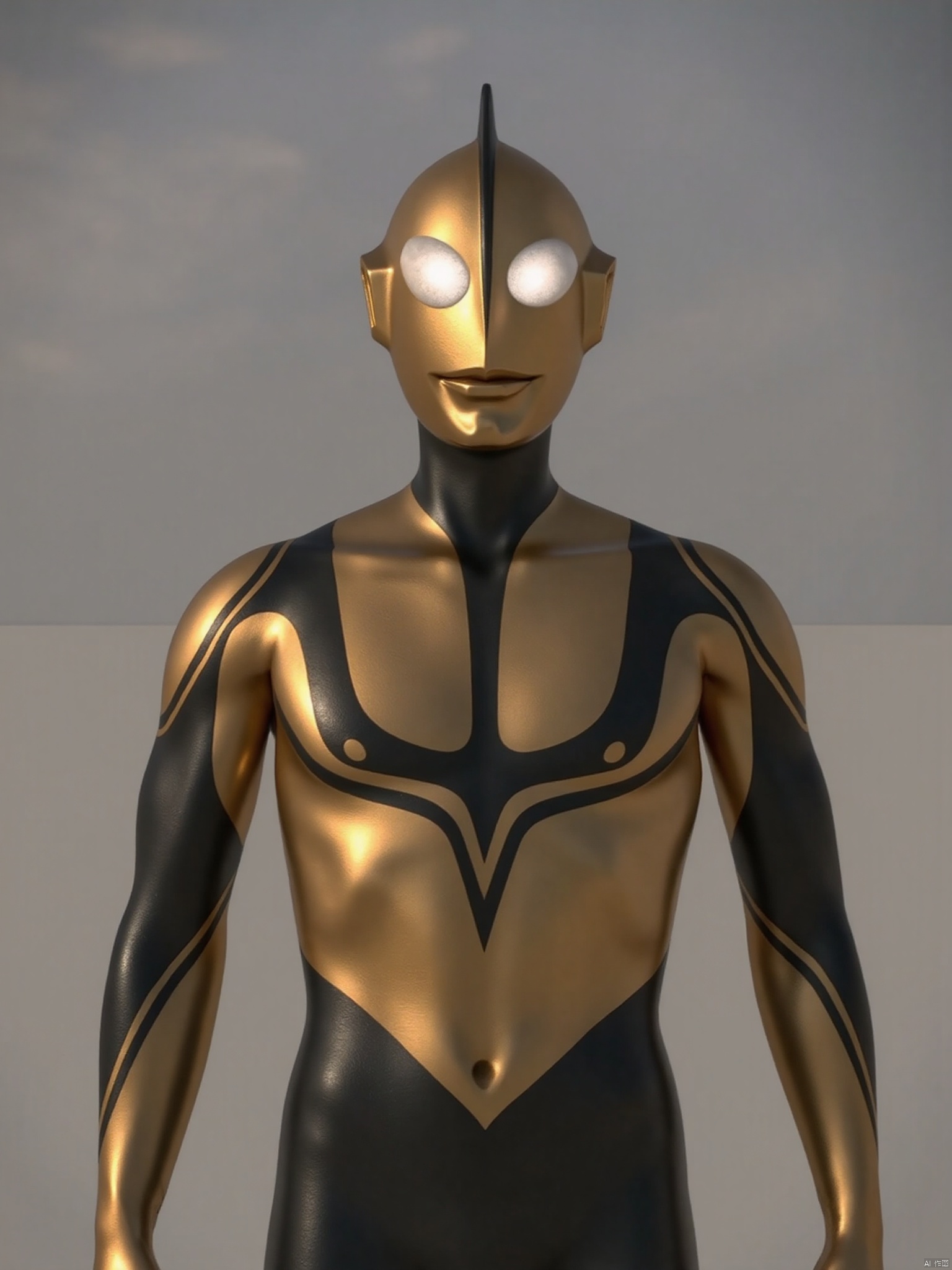 ultraman,golden bodysuit,golden gloves,legwear,gloves,boots,cover,mask,plugsuit,armor,bodysuit,black pattern on body,golden tight-fitting,golden footwear,helmet,leather suit,latex,tokusatsu,no humans,science fiction,golden head,hard mask,no smile,no eyes,no nose,solo,golden rubber bodysuit with black line
