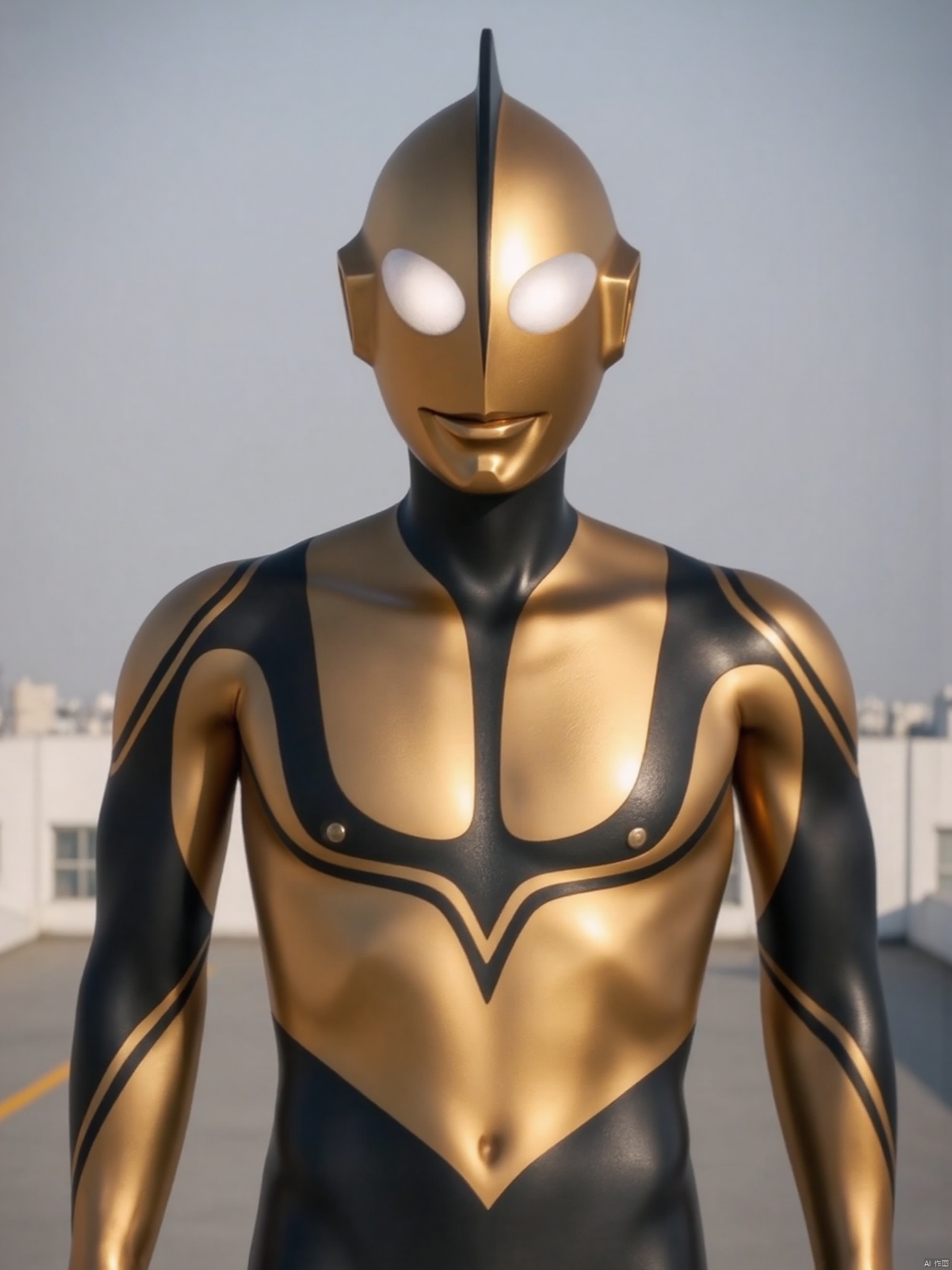 ultraman,golden bodysuit,golden gloves,legwear,gloves,boots,cover,mask,plugsuit,armor,bodysuit,black pattern on body,golden tight-fitting,golden footwear,helmet,leather suit,latex,tokusatsu,no humans,science fiction,golden head,hard mask,no smile,no eyes,no nose,solo,golden rubber bodysuit with black line