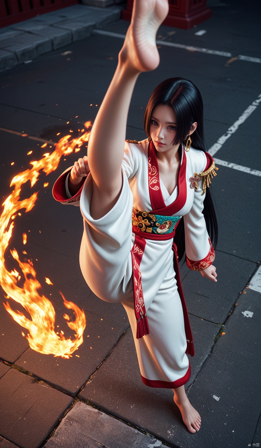 (masterpiece, best quality, ), slum background, Boa Hancock. from above, barefoot, foot focus, high kick with a trail of red fire,long black hair, standing on one leg,  red lighting, (anime coloring:0.3),score_9_up score_8_up score_7_up score_6_up,BLENDER STYLE