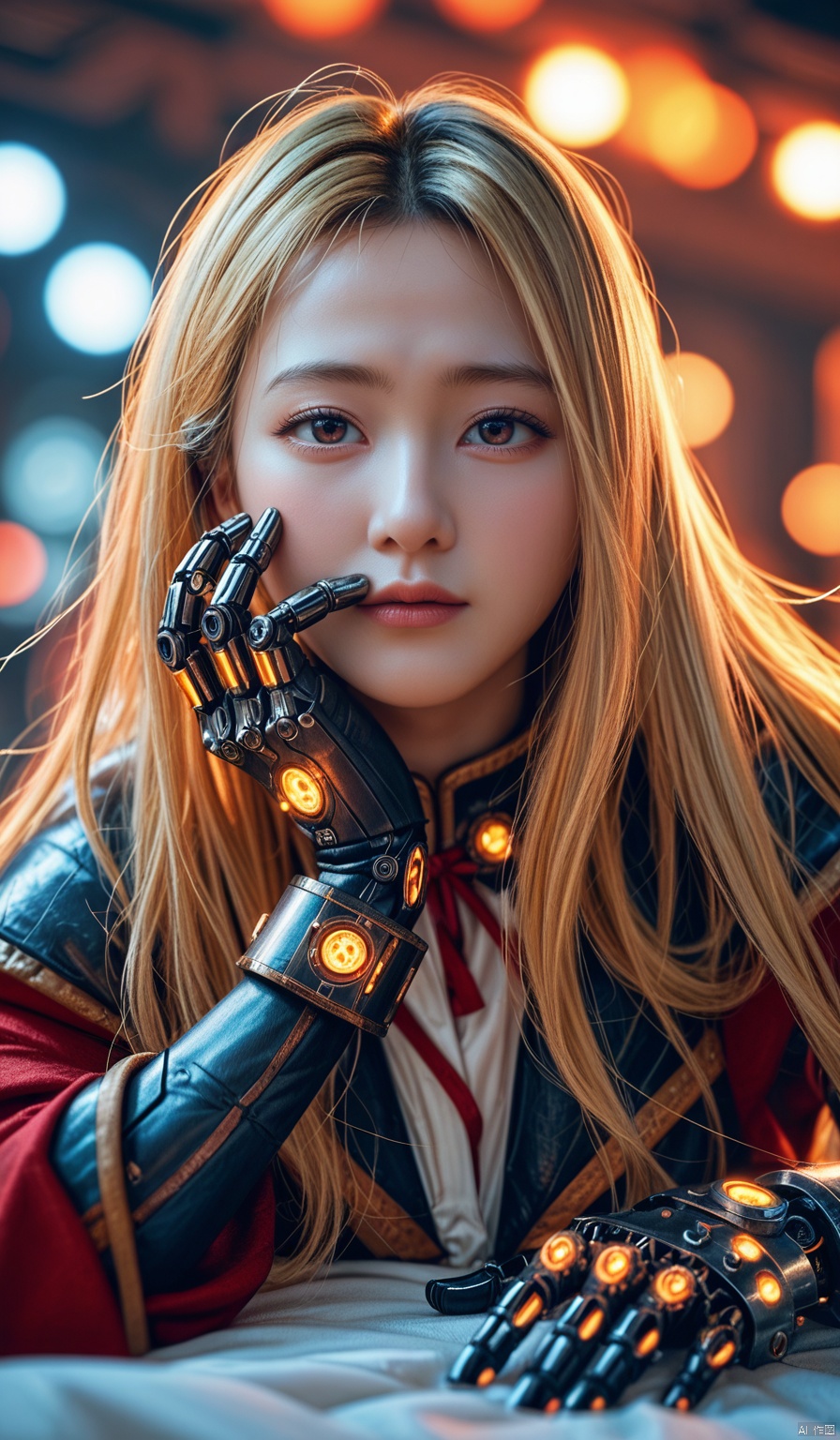 front view, portrait, reij-cybersteam, steampunk, asian, cyberfuturistic, futuristic steampunk, robotic elegance, mechanical aesthetic, cyberdoll details, dim lighting, bokeh effect, asian architecture , a woman, blonde hair, very long hair, lying, moonlight, hand on chin, looking at viewer, dynamic motion,score_9_up score_8_up score_7_up,HANFU,COLORFUL GRADIENT