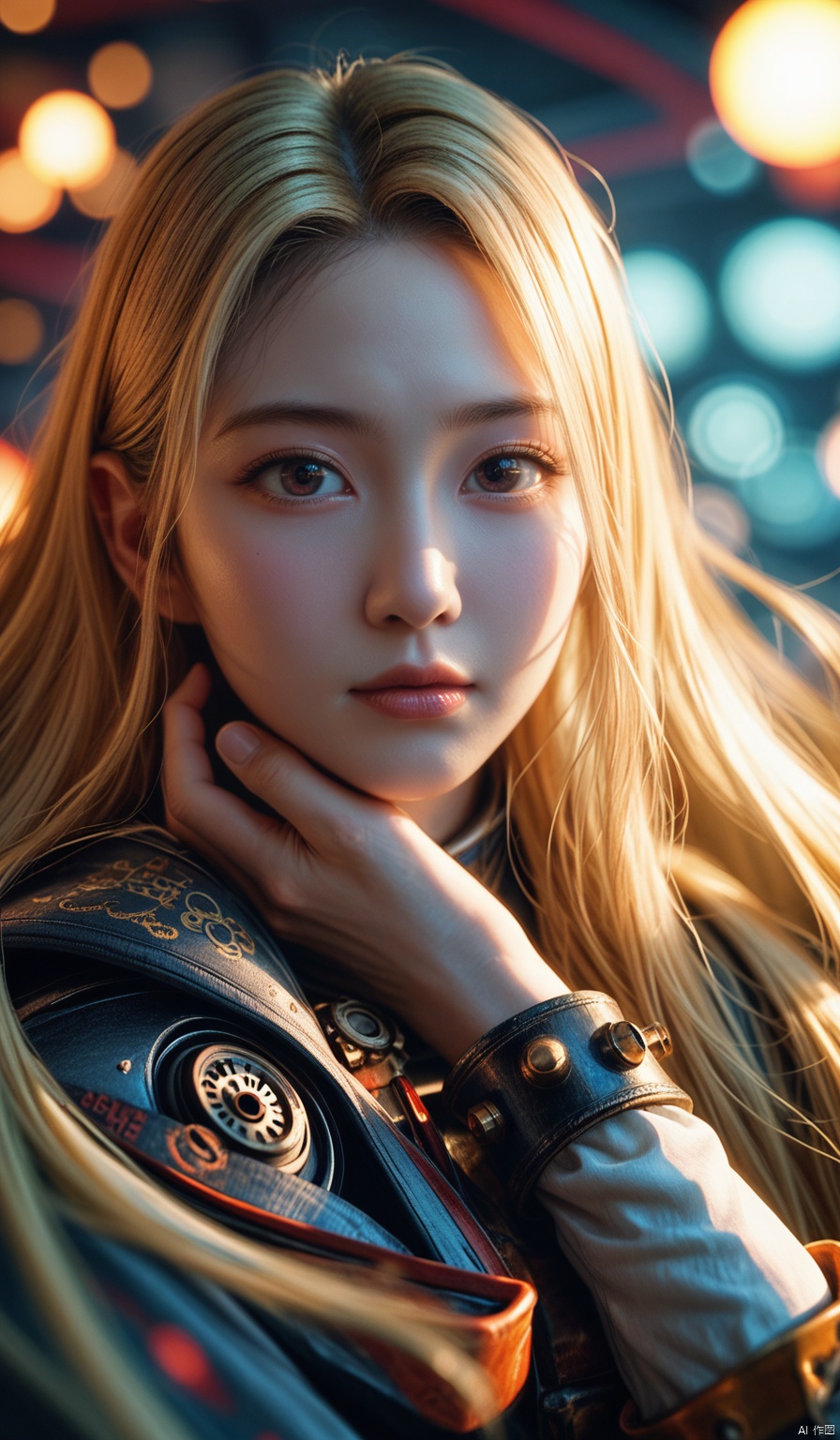 front view, portrait, reij-cybersteam, steampunk, asian, cyberfuturistic, futuristic steampunk, robotic elegance, mechanical aesthetic, cyberdoll details, dim lighting, bokeh effect, asian architecture , a woman, blonde hair, very long hair, lying, moonlight, hand on chin, looking at viewer, dynamic motion,score_9_up score_8_up score_7_up,HANFU,COLORFUL GRADIENT